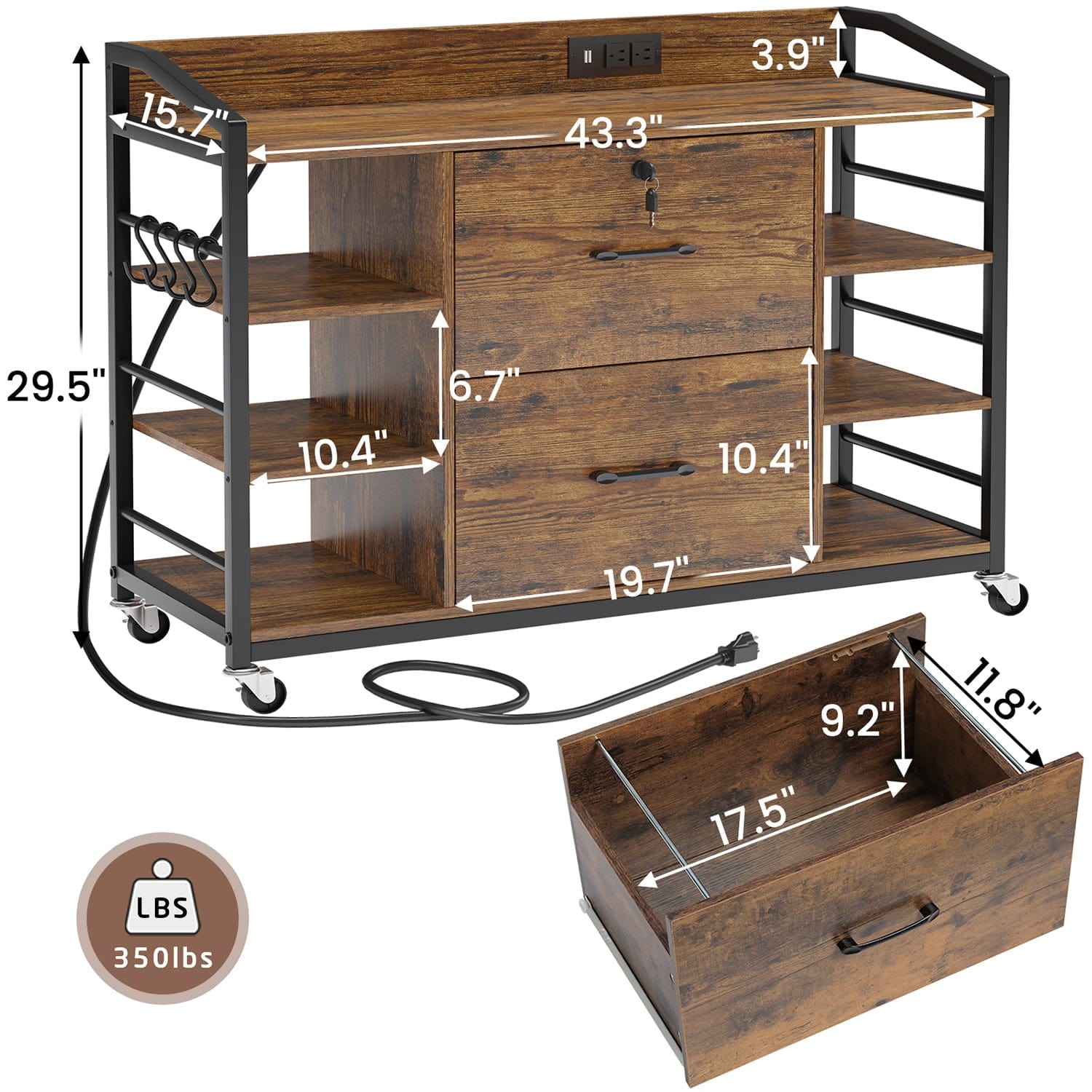 Sikaic File Cabinet 44 Inches File Cabinet with 2 Drawer Lock Power Strip Rustic Brown