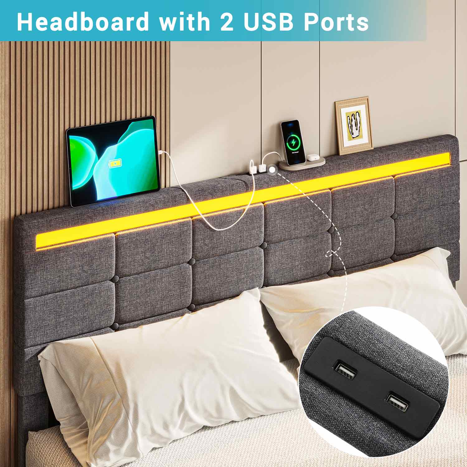 Sikaic Bed Frame LED Bed Frame With Storage Charging Outlets Dark Grey