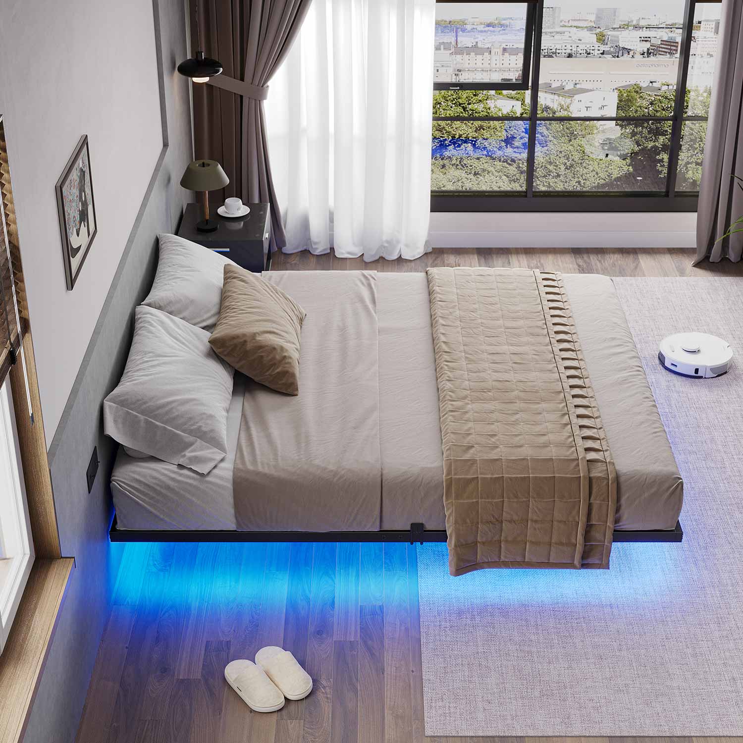 Sikaic Beds & Bed Frames Metal Floating Bed Frame with LED Lights no Headboard Black