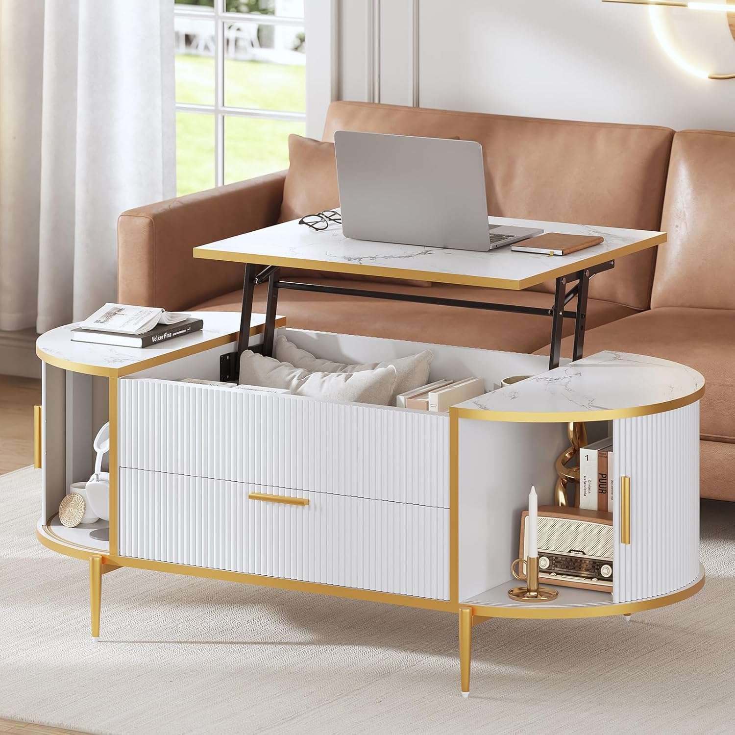 Sikaic Coffee Table Fluted Lift Top Coffee Table with Storage White White / Engineered Wood / Modern