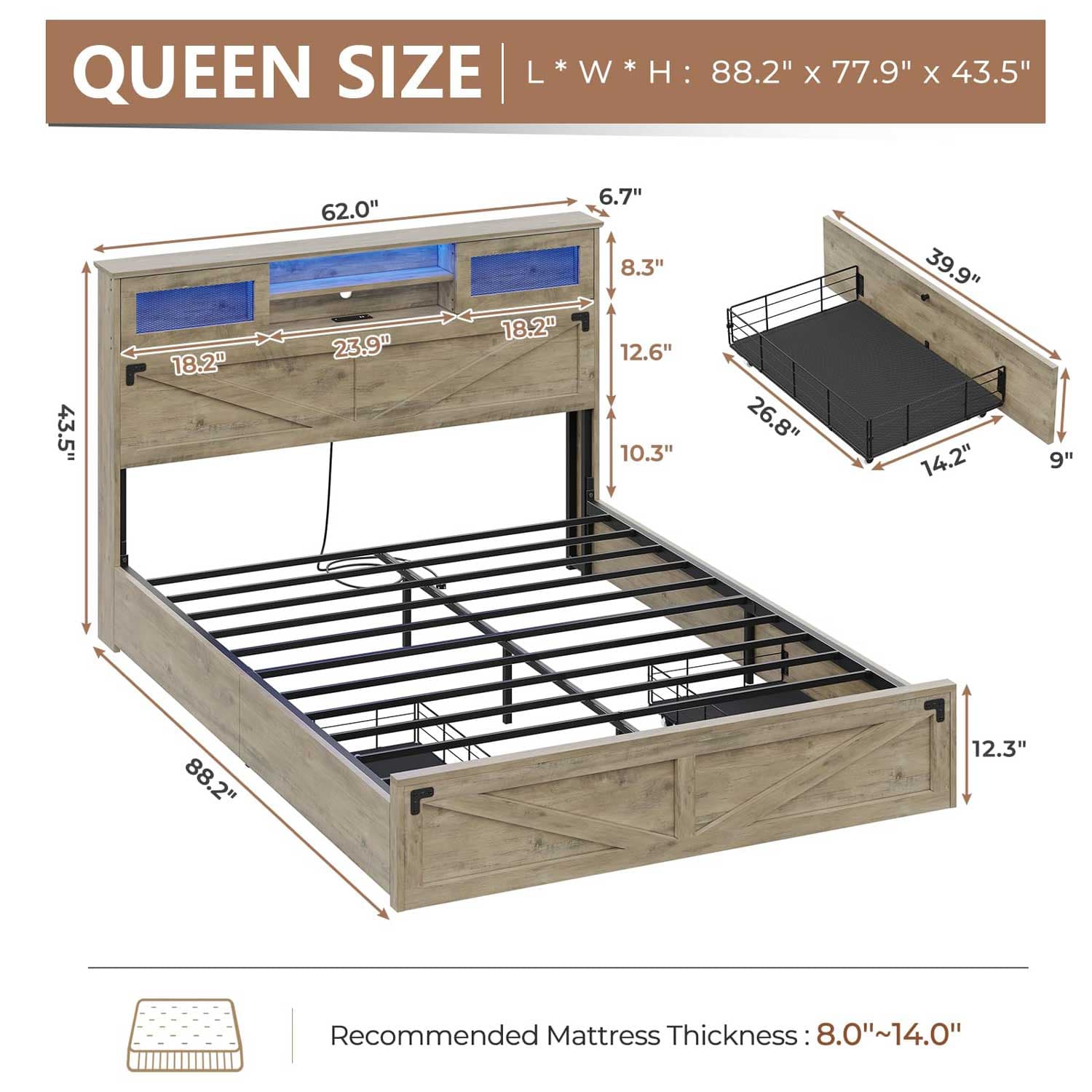 Sikaic Bed Frame Farmhouse Wooden Platform Bed Frame with Bookcase Sliding Door Headboard Drawers LED Lights Charging Station Rustic Oak