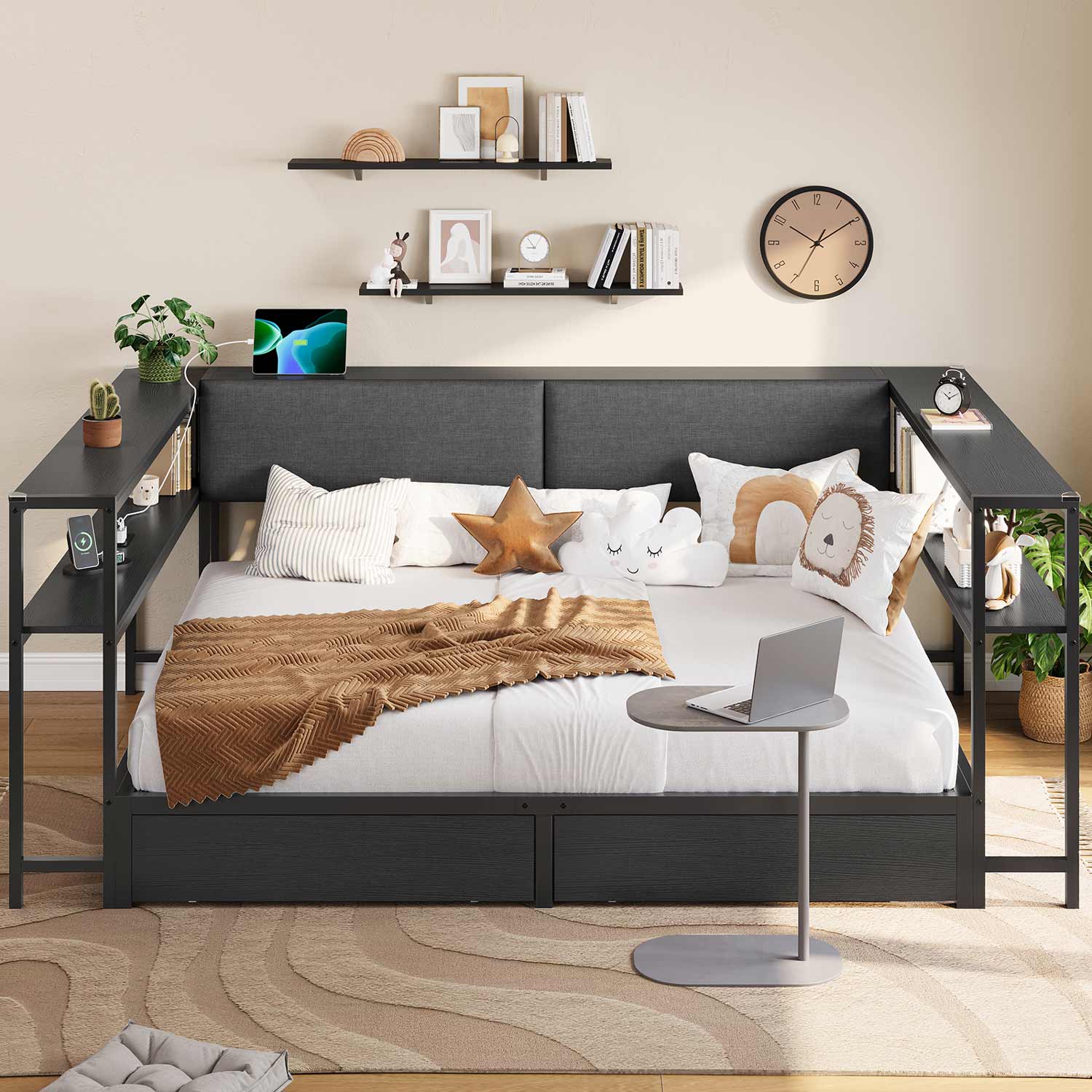 Sikaic Daybeds Full Size Daybeds with Charging Station and Storage Shelves Black Black / Full / Modern