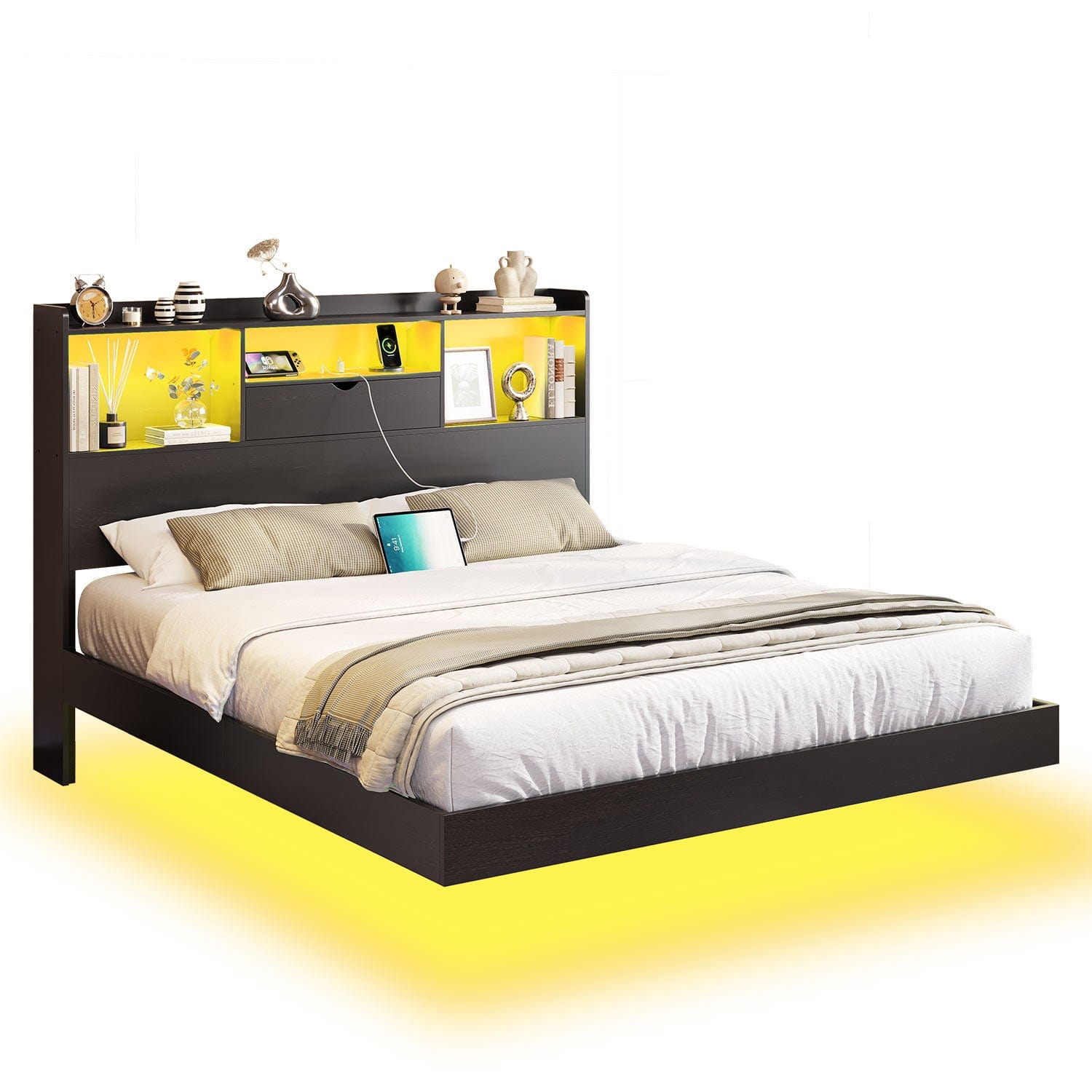 Sikaic Bed Frame Queen Floating Bed Frame with LED Lights and Headboard Storage Black Black / Queen / Engineered Wood