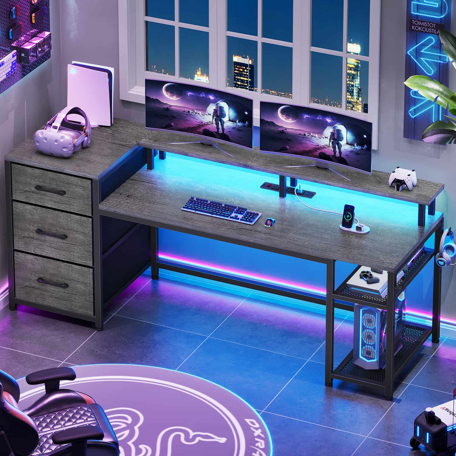 Sikaic Gaming Desk 59 Inches Reversible Gaming Desk with LED Lights & Power Outlet File Drawers and Storage Grey