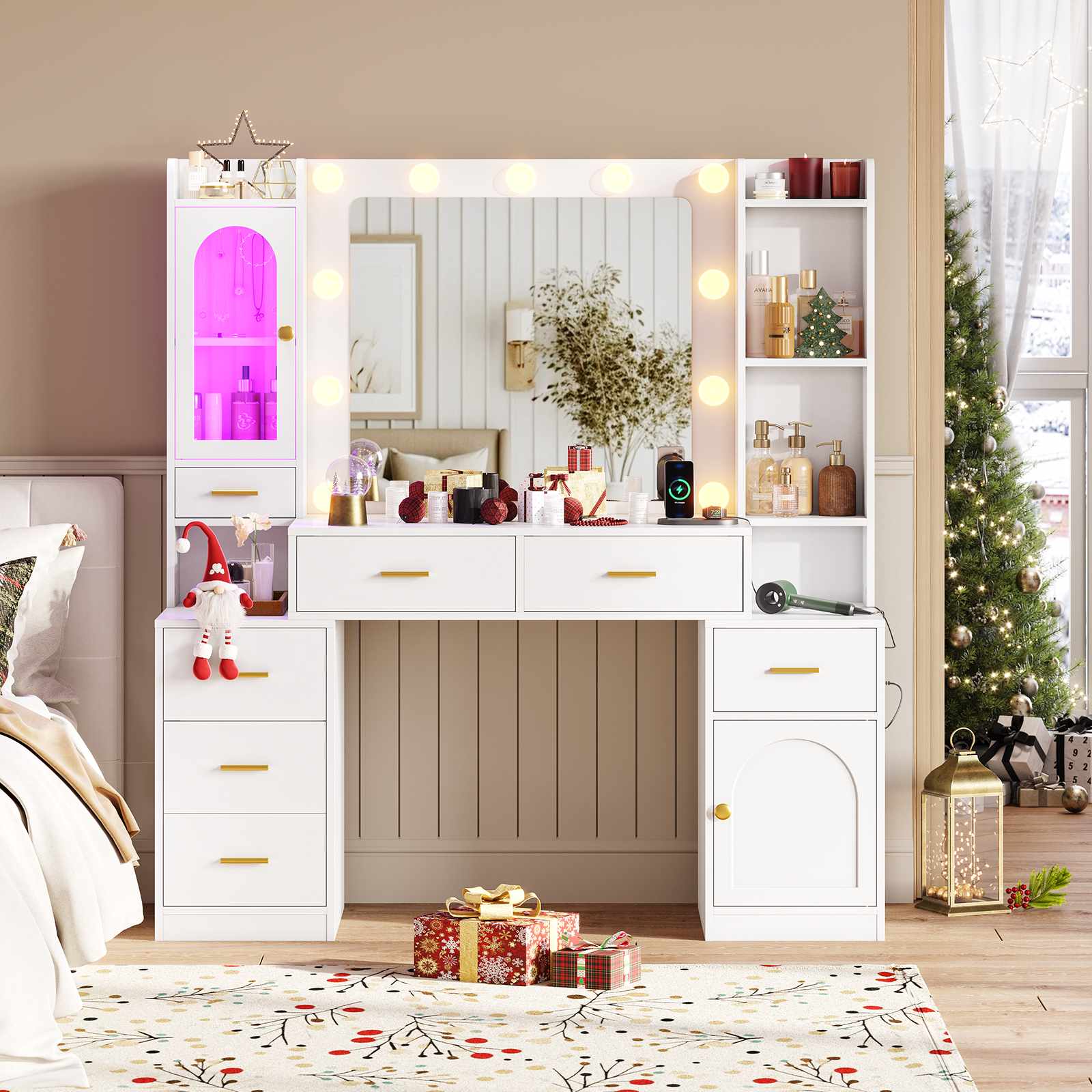 Sikaic Makeup Vanity 49.8 Inches LED Makeup Vanity White White / Engineered Wood / Modern