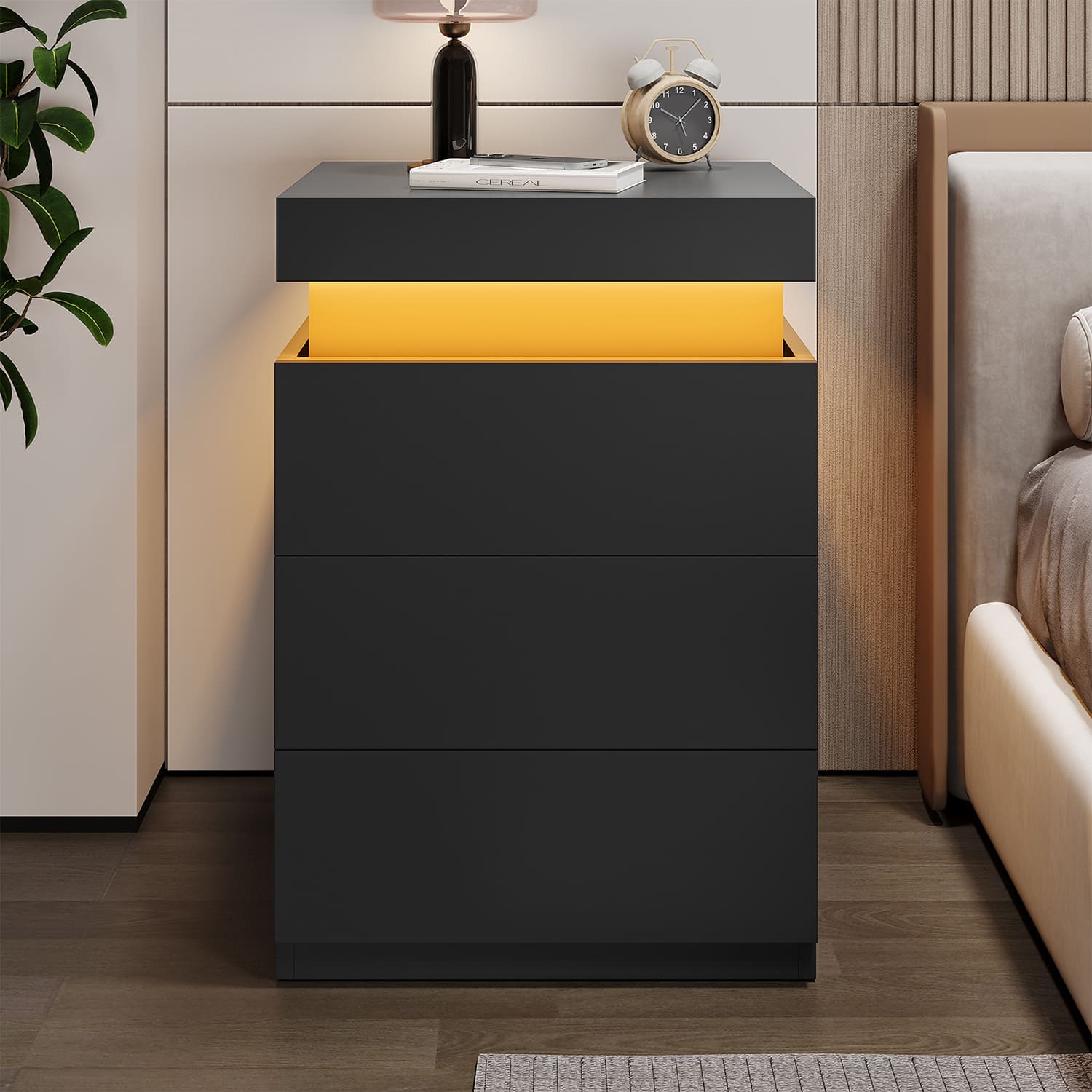 Sikaic Nightstand Nightstand with Sliding Top Charging Station and LED Lights Black