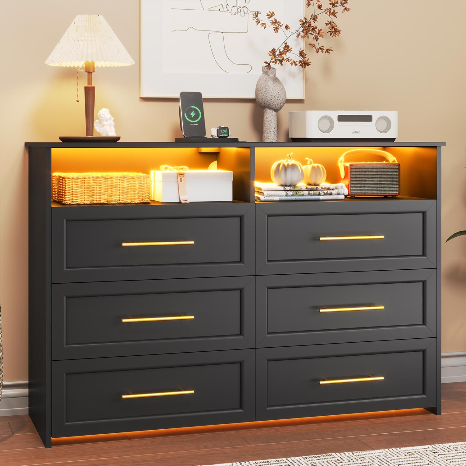 Sikaic Dresser 6 Drawers LED Lights Wide Storage Dresser with Charging Station for Closet Bedroom Living Room Open Storage Cubby Black