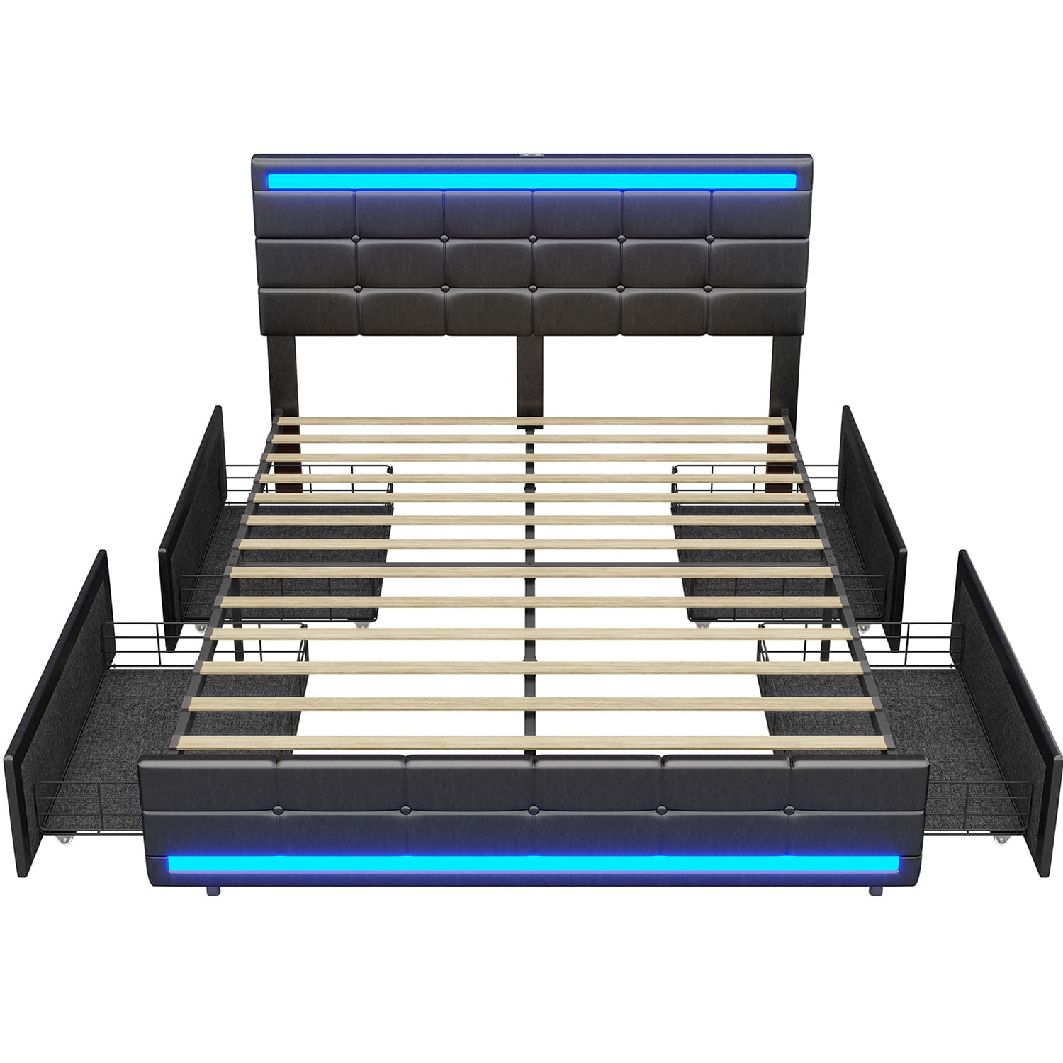 Sikaic LED Bed Frame with Storage Drawers Leather Platform Adjustable Headboard Storage Drawers and Charging Station Black