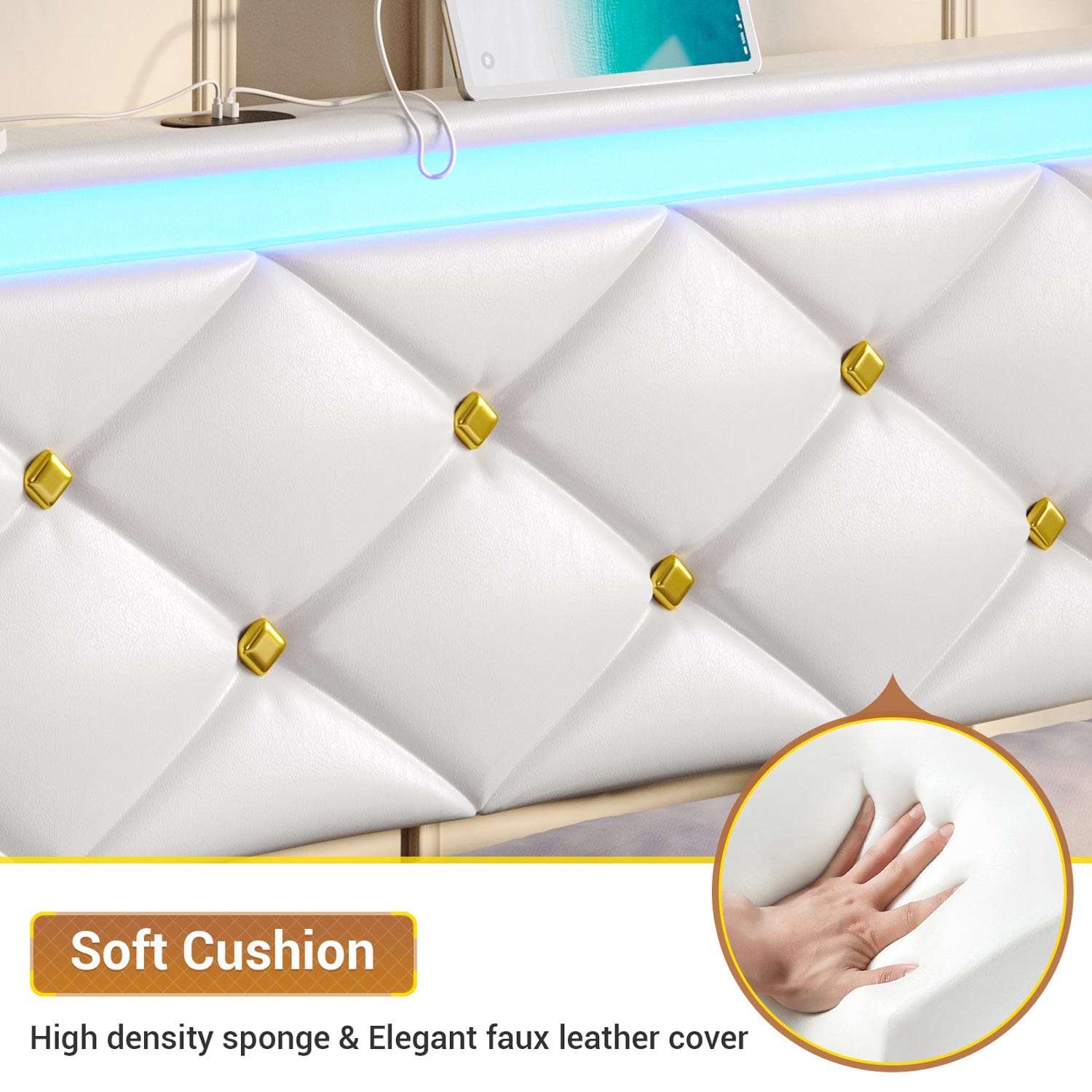 Sikaic Bed Frame Floating LED Bed Frame with Outlets Leather Upholstered Headboard White
