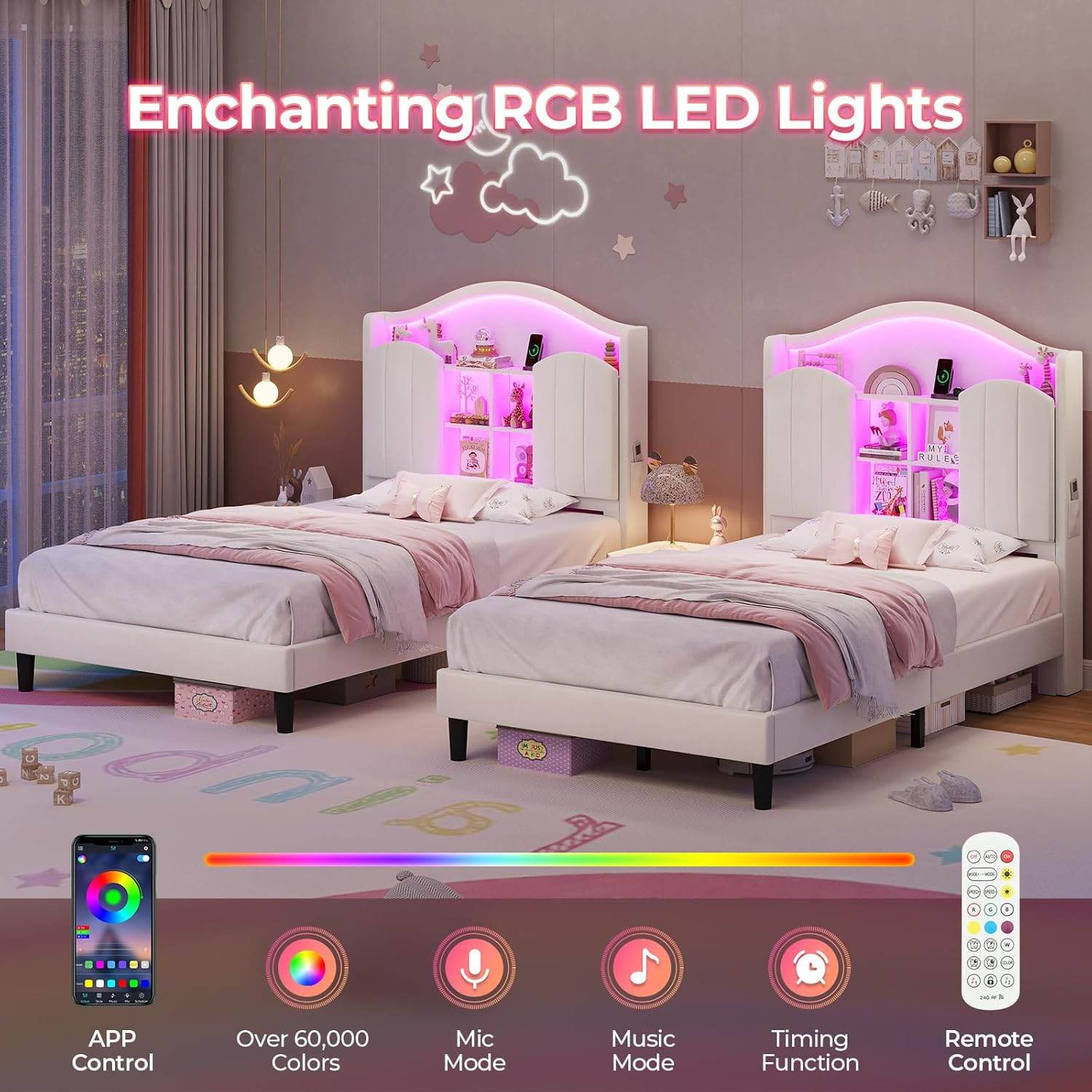 Sikaic Bed Frame Twin Size LED Bed Frame with Charging Station and Storage Headboard White White / Engineered Wood / Modern