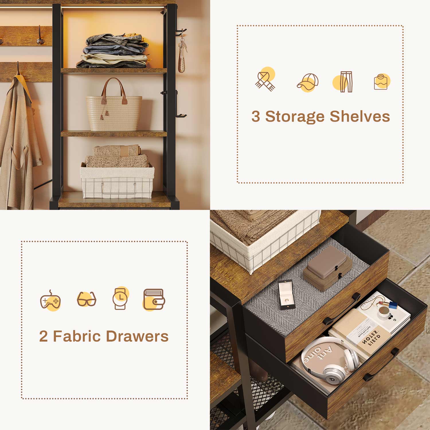 Sikaic Hall Tree Hall Tree with Bench and Shoe Storage Rustic Brown