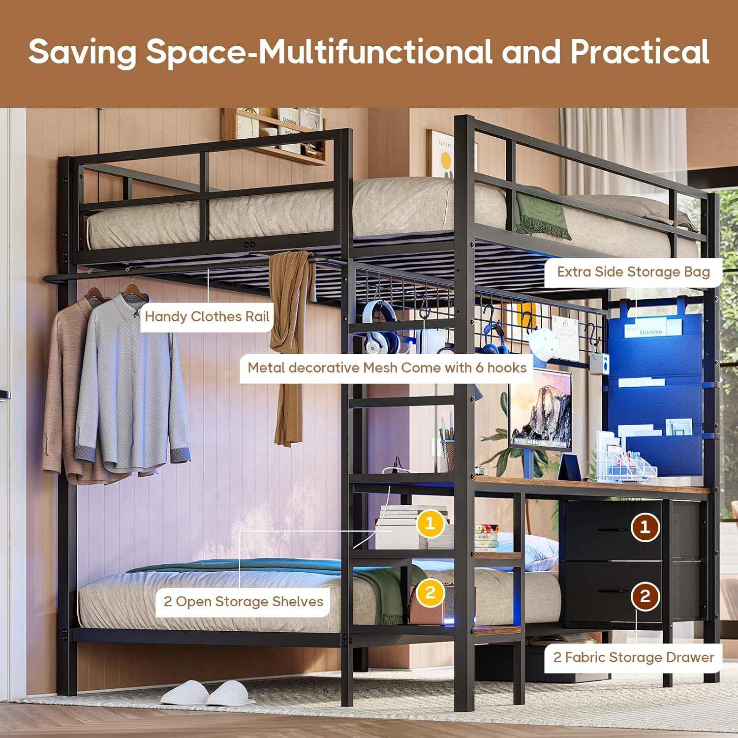 Sikaic Loft Bed Frame Full Size Over Twin Bunk Loft Bed Frame with Desk and Charging Station Black Black / Engineered Wood / Modern