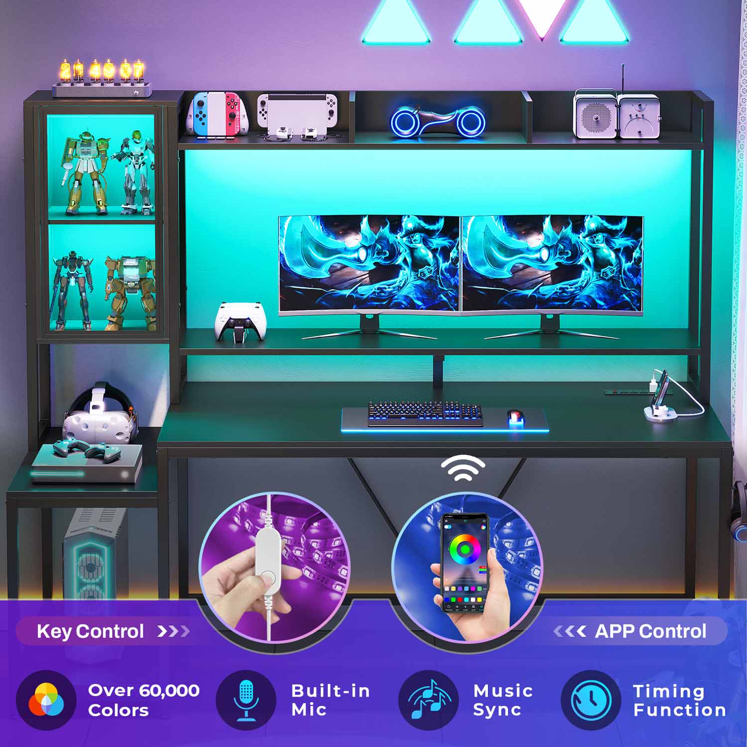 Sikaic Gaming Desk Led Gaming Desk with Power Outlets and Glass Display Cabinet Monitor Stand Hooks CPU Stand Black