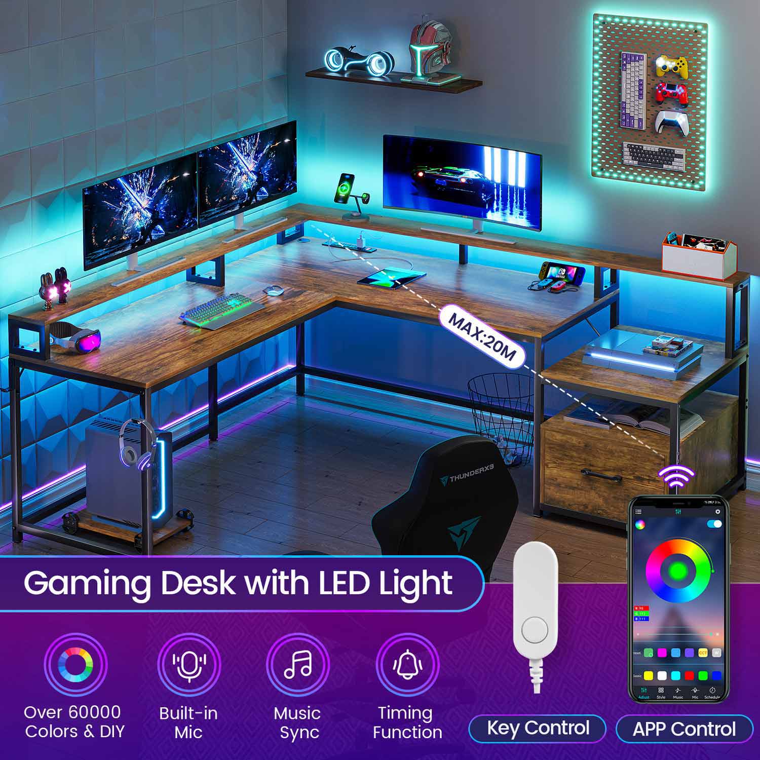Sikaic Gaming Desk 66 Inches L Shaped Corner Two Person Gaming Desk with File Drawer Power Outlet Led Lights Monitor Shelf Rustic Brown