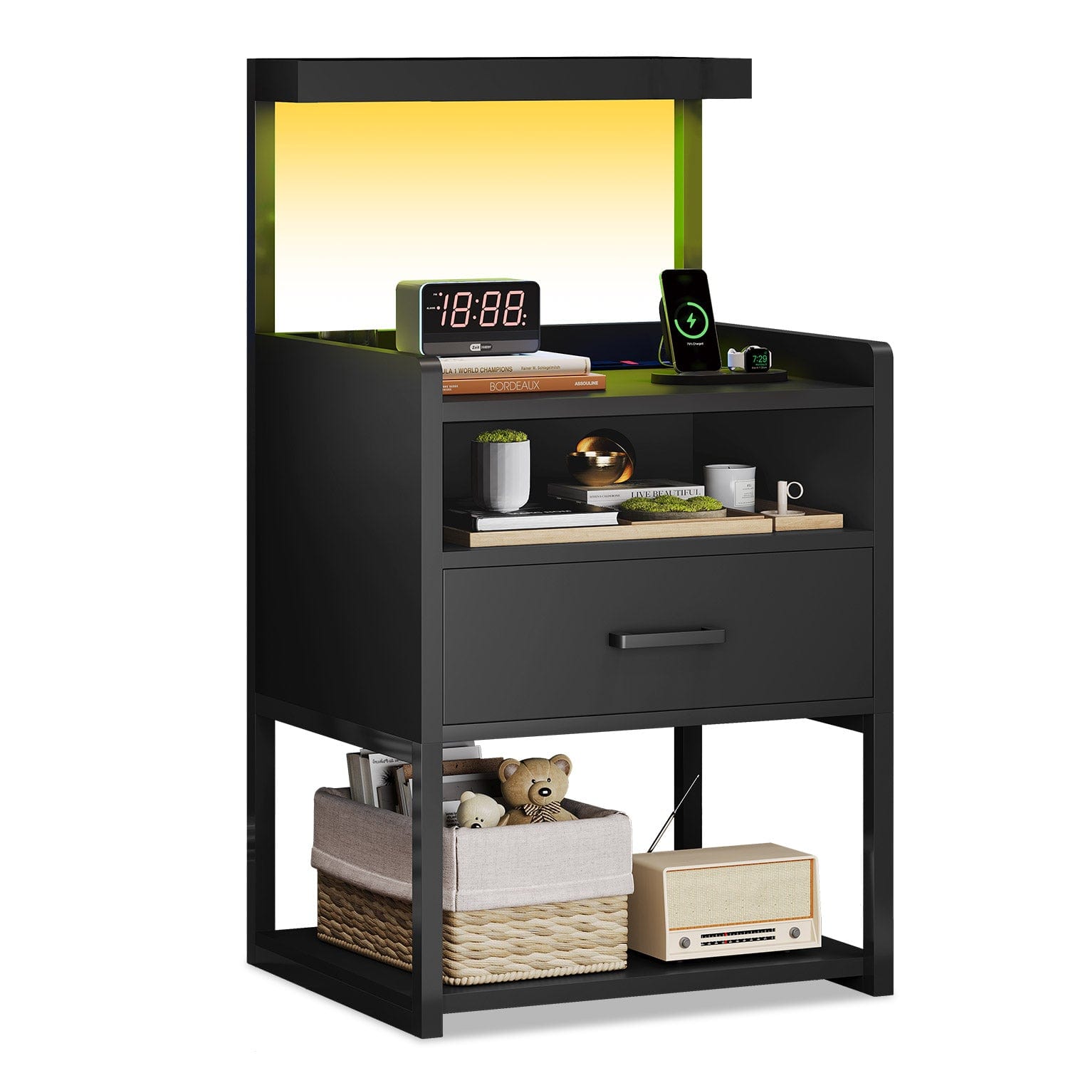 Sikaic Nightstand LED Nightstand with Charging Station Black Black / Metal / Modern