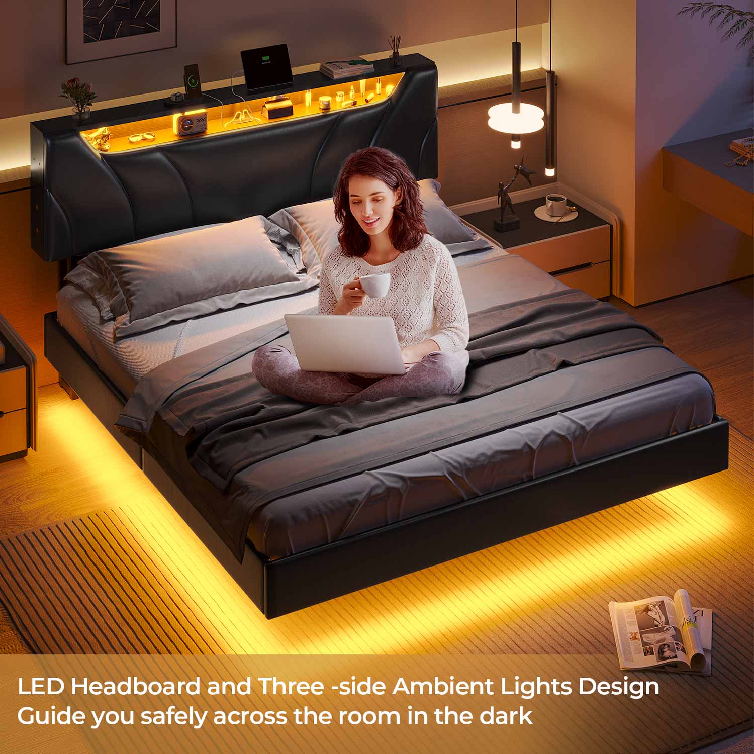 Sikaic Beds & Bed Frames Floating Upholstered Leather Platform Bed Frame with LED Lights Storage Headboard and Charging Station Black