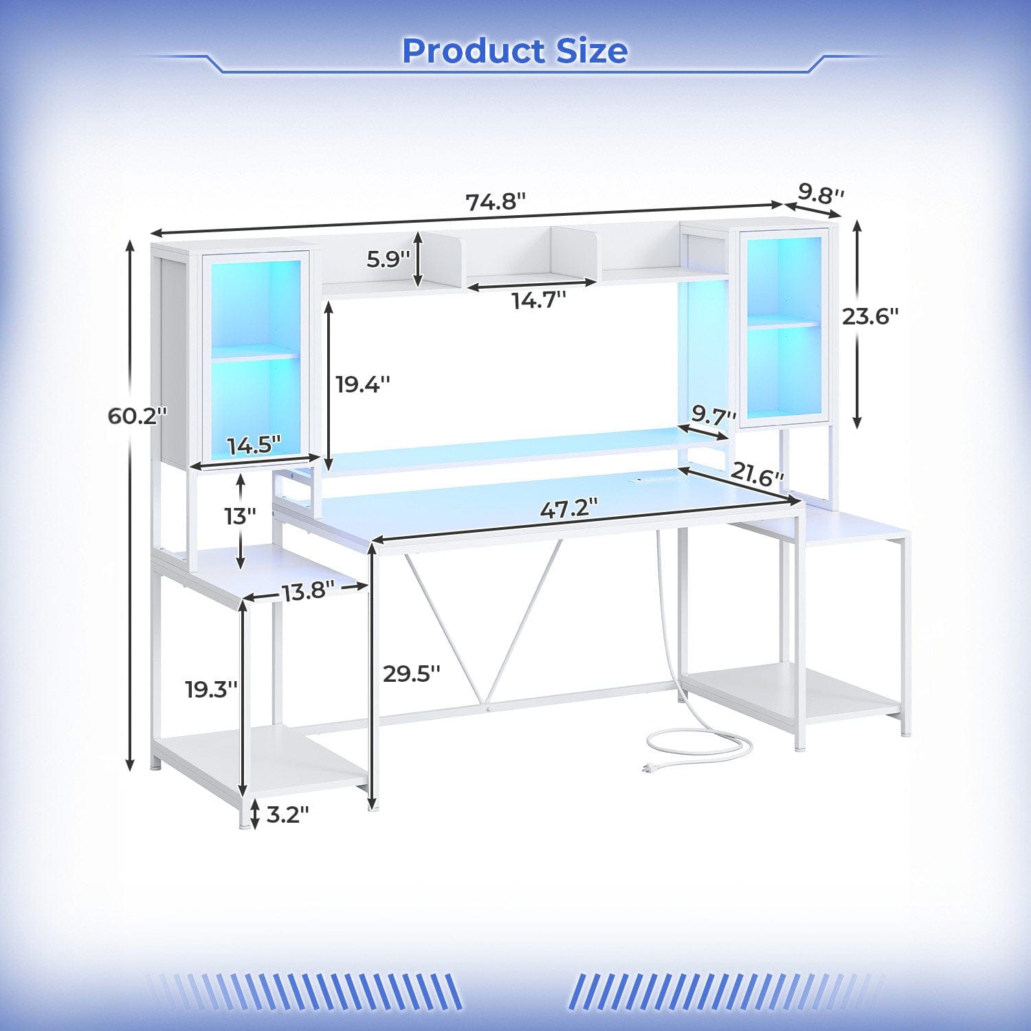 Sikaic Gaming Desk 74.8 Inches Large PC Ergonomic Gaming Desk with LED Lights Hutch and Storage Shelves Monitor Stand White