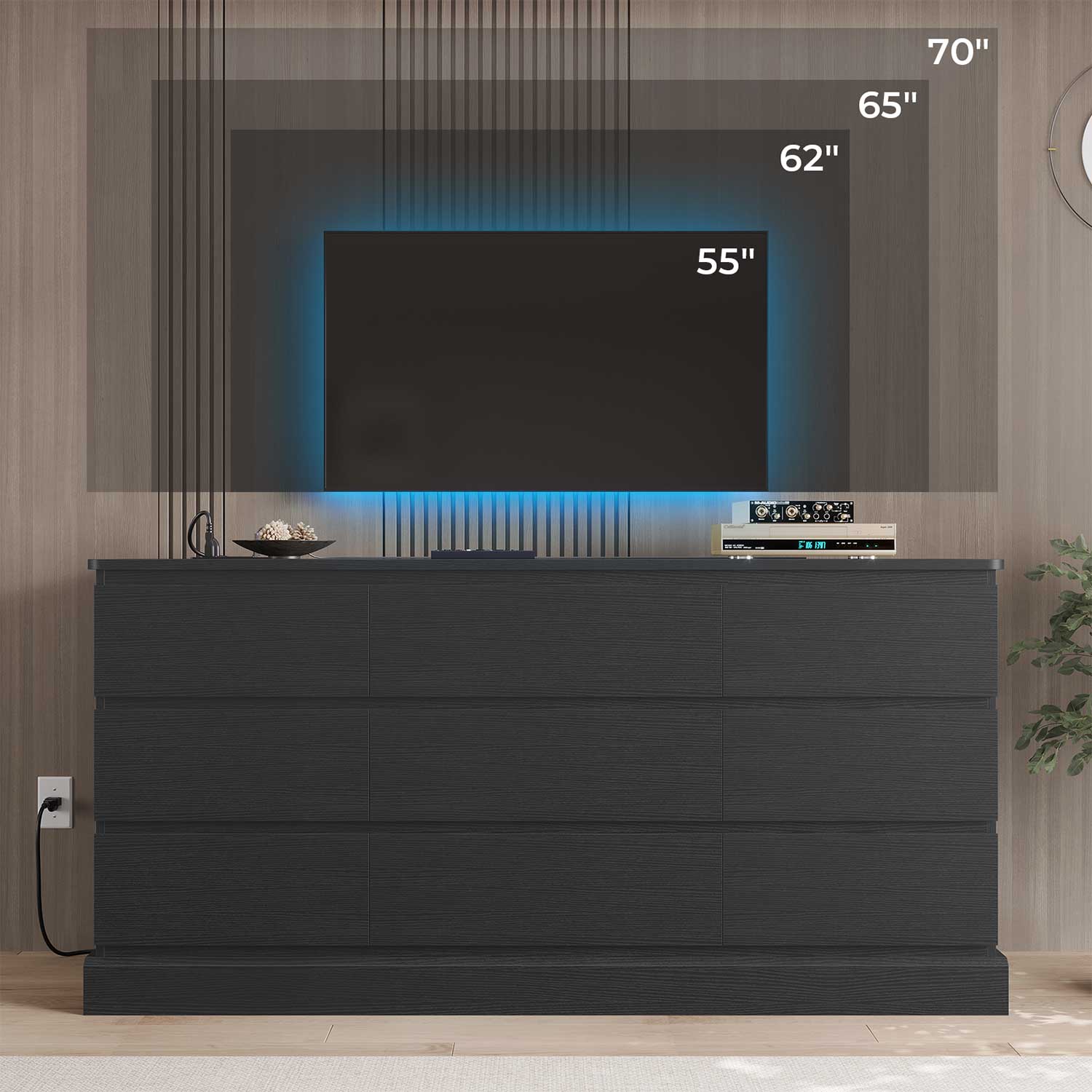Sikaic Dresser 61.4" Wide Dresser Chest of Drawers with Large Capacity Storage and Power Outlets Black Black / Engineered Wood / Modern