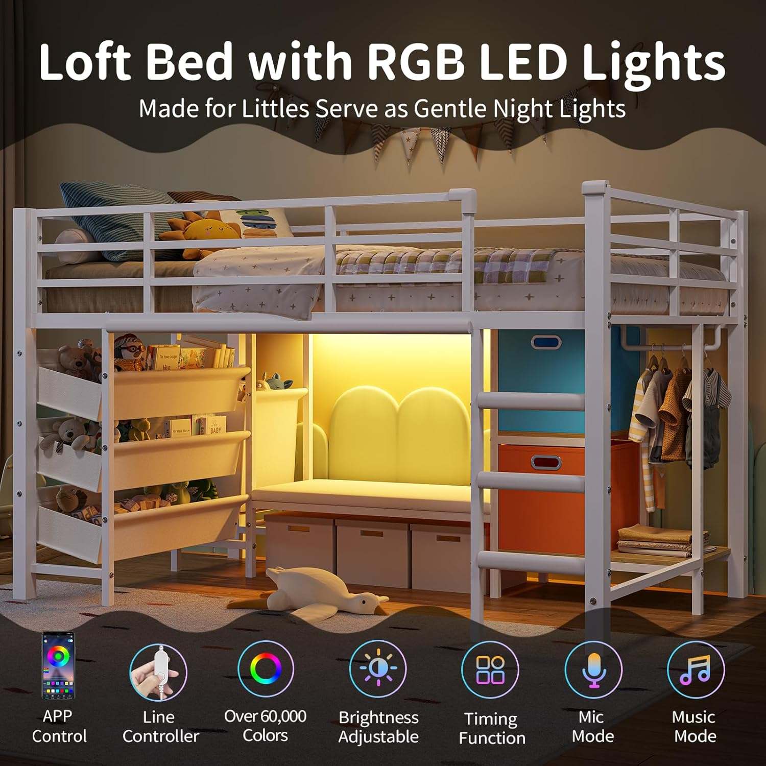 Sikaic Loft Bed Frame Low Loft Bed Twin Size with Reading Corner and Storage Basket White White / Engineered Wood / Modern