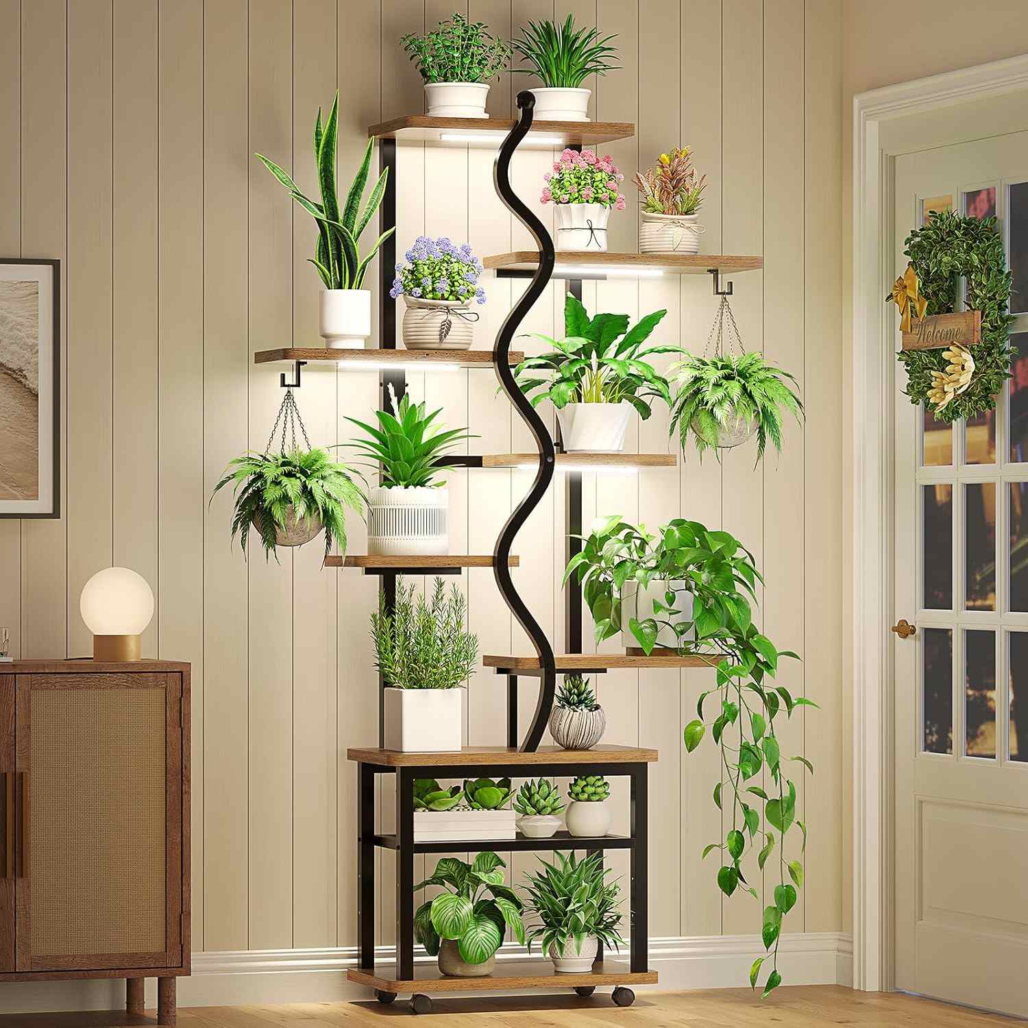 Sikaic Plant Stand 71 Inches S-Shaped Plant Stand Indoor with Grow Lights Rustic Brown Brown / Engineered Wood / Modern