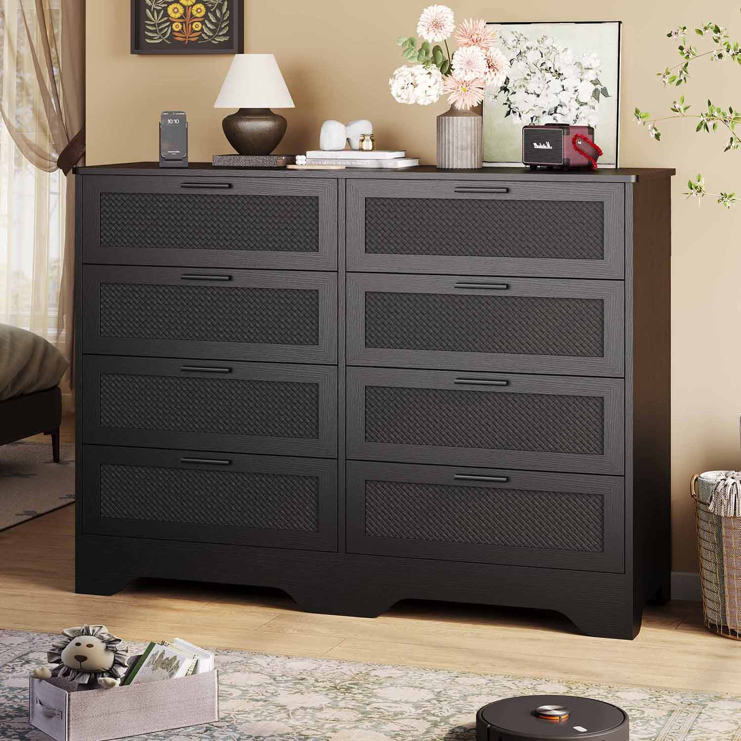 Sikaic Dresser Wooden Large Capacity Storage Dresser of Drawers with Woven Leather Design for Living Room Hallway Black