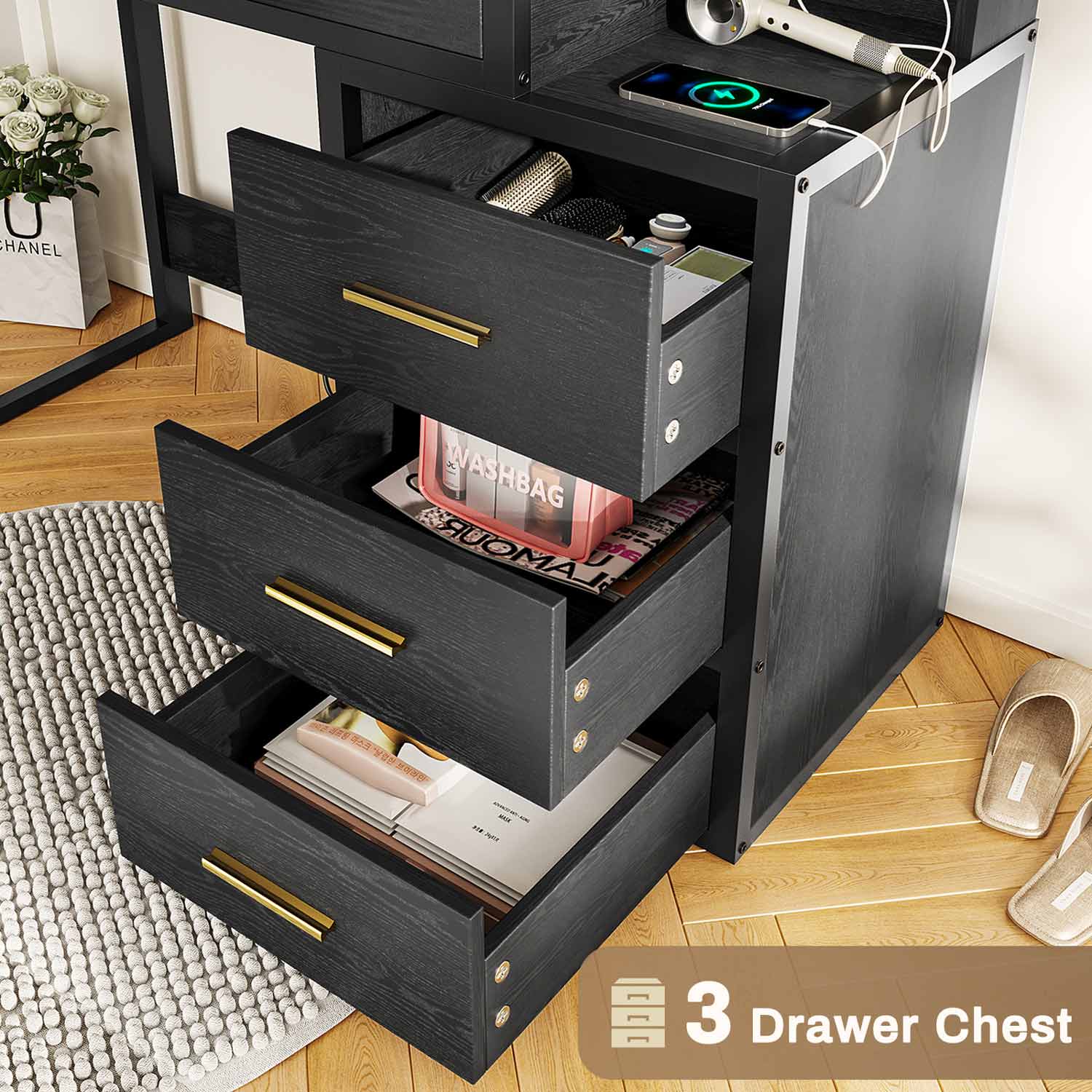 Sikaic Makeup Vanity Makeup Vanity with Mirror & Lights and Charging Station 5 Drawers and Shelves Black