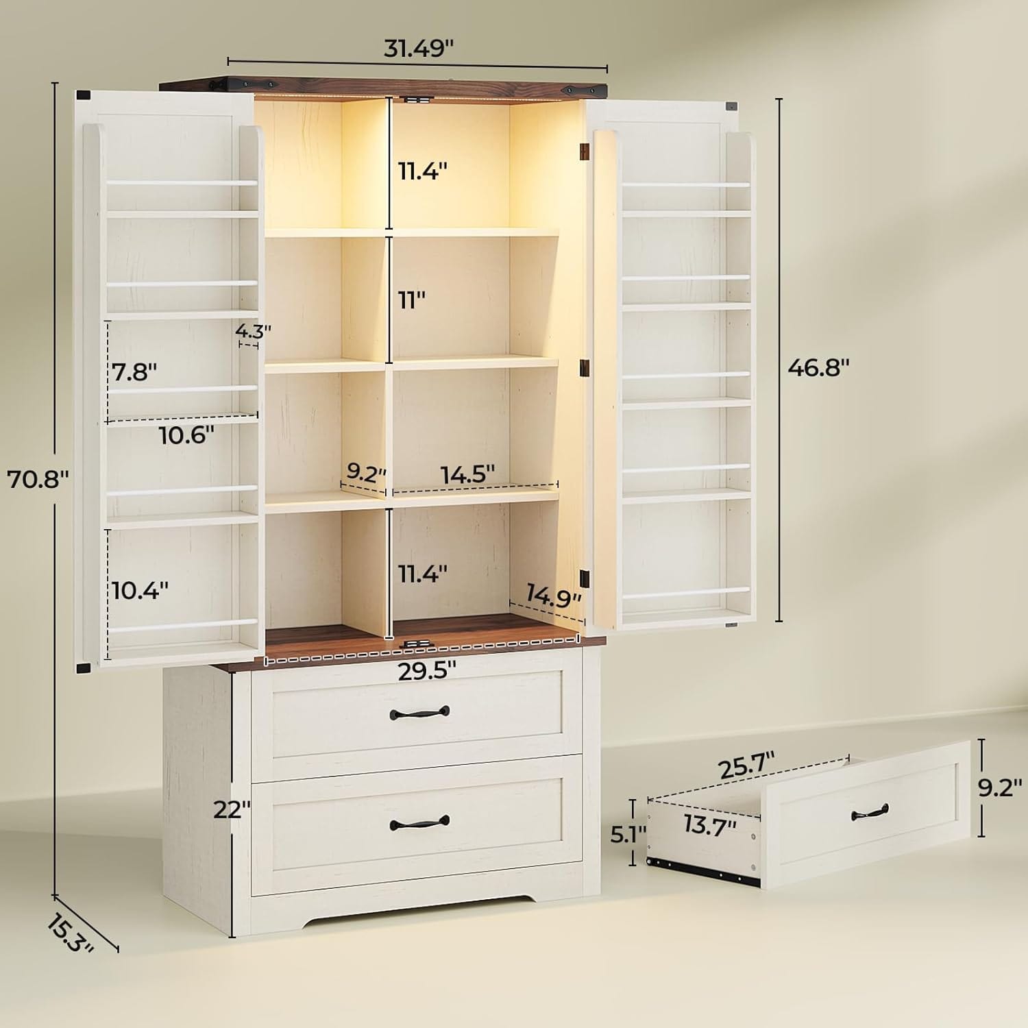 Sikaic Pantry Cabinet 71 Inches Kitchen Pantry Cabinet with Drawer Old White Brown White / Engineered Wood / Modern