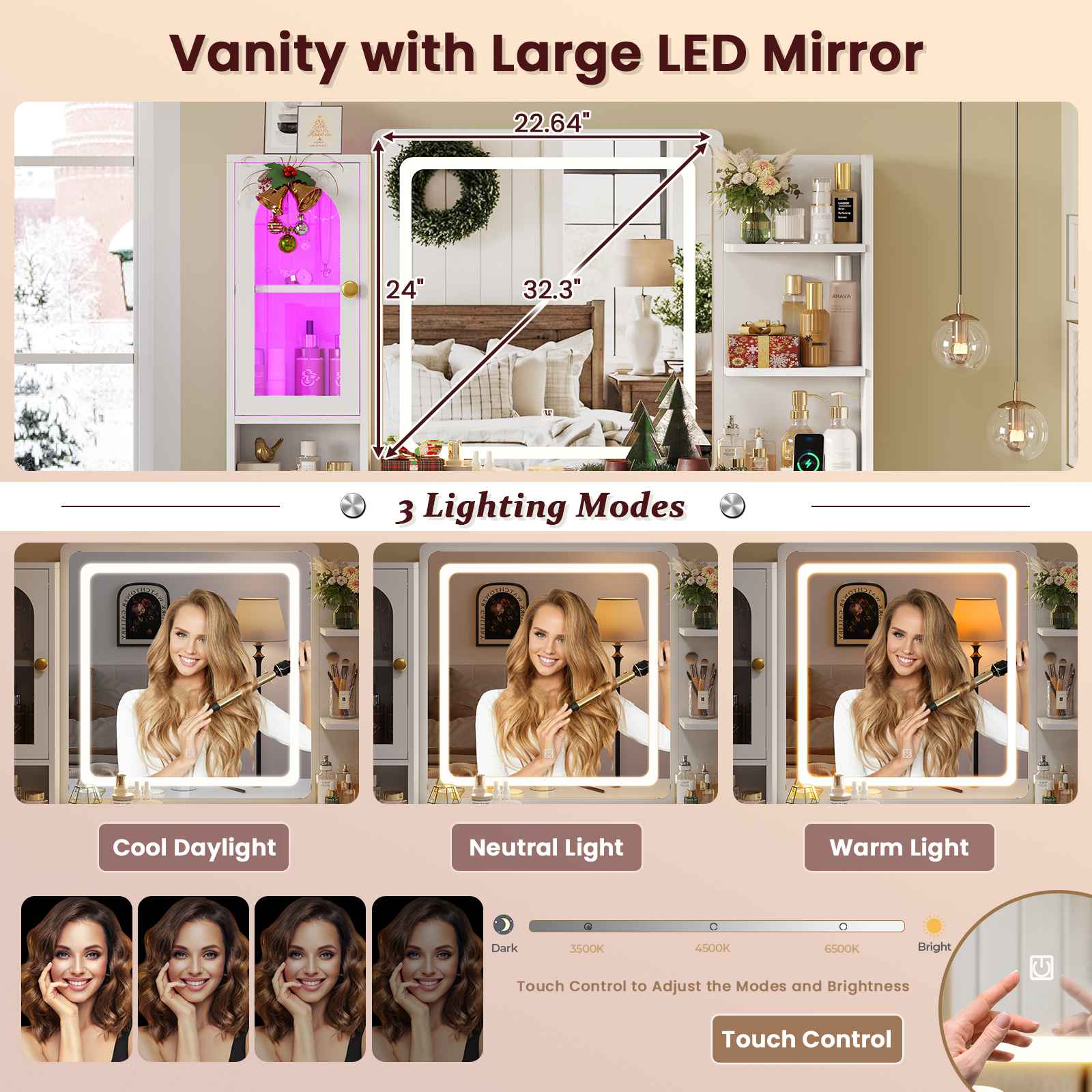 Sikaic Makeup Vanity 43.3 Inches LED Makeup Vanity White White / Engineered Wood / Modern