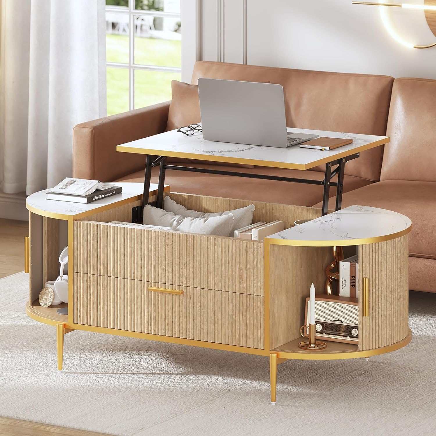 Sikaic Coffee Table Fluted Lift Top Coffee Table with Storage Natural Oak Natural / Engineered Wood / Modern