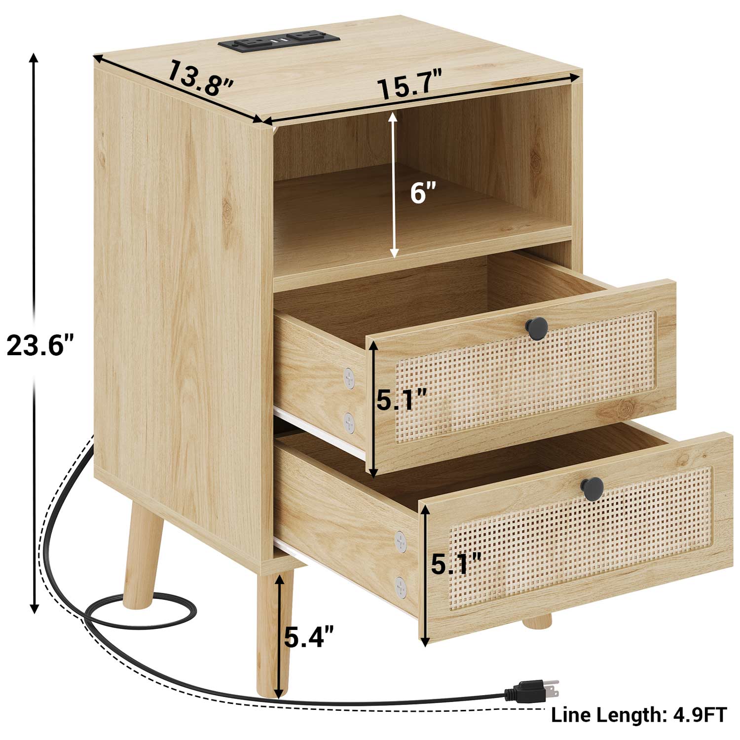 Sikaic Nightstand Rattan LED Nightstand with Charging Station Boho Bedside Table with 2 Drawers Natural