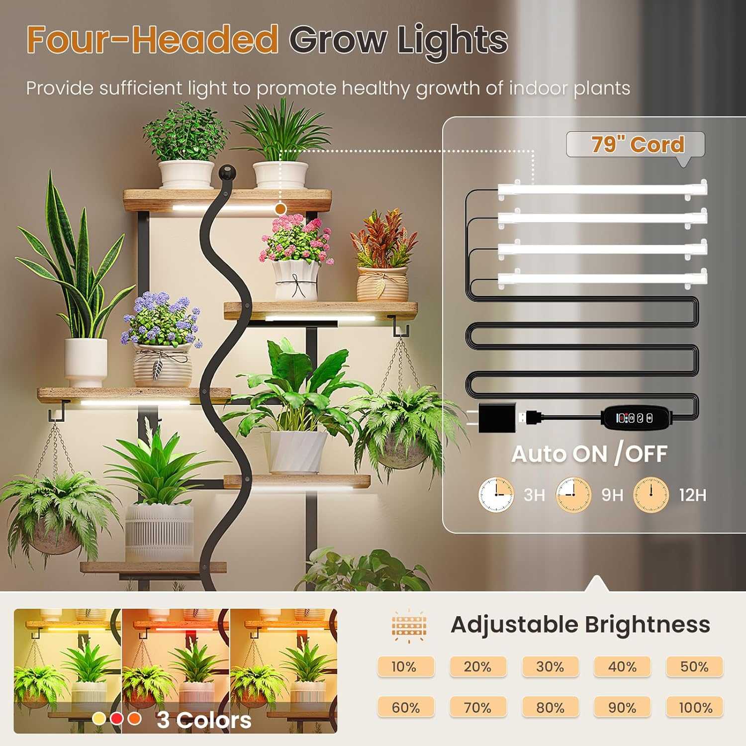 Sikaic Plant Stand 71 Inches S-Shaped Plant Stand Indoor with Grow Lights Rustic Brown Brown / Engineered Wood / Modern