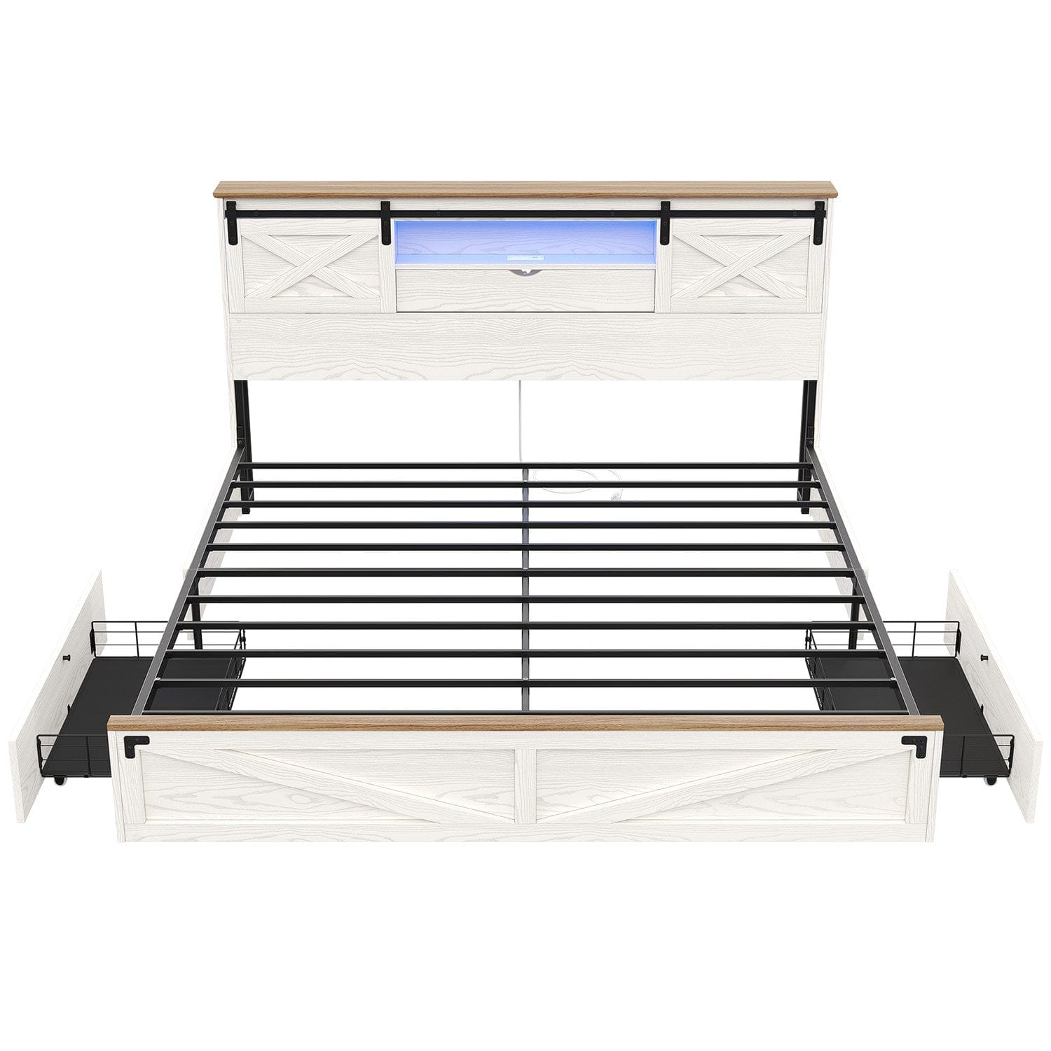 Sikaic Bed Frame LED Farmhouse Wooden Platform Bed Frame With Charging Station 2 Drawers & Storage Headboard Sliding Barn Door White
