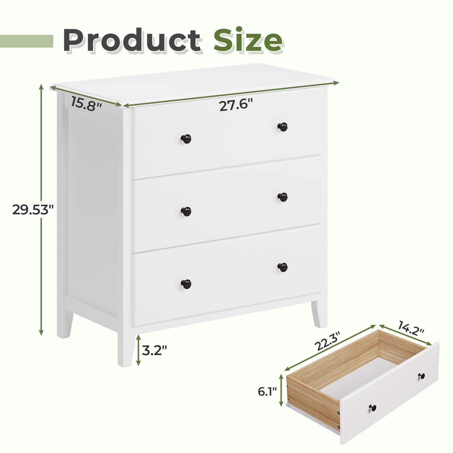 Sikaic Dresser 27.5''W Large Capacity Solid Wood Dresser with 3 Drawers Storage Cabinet White