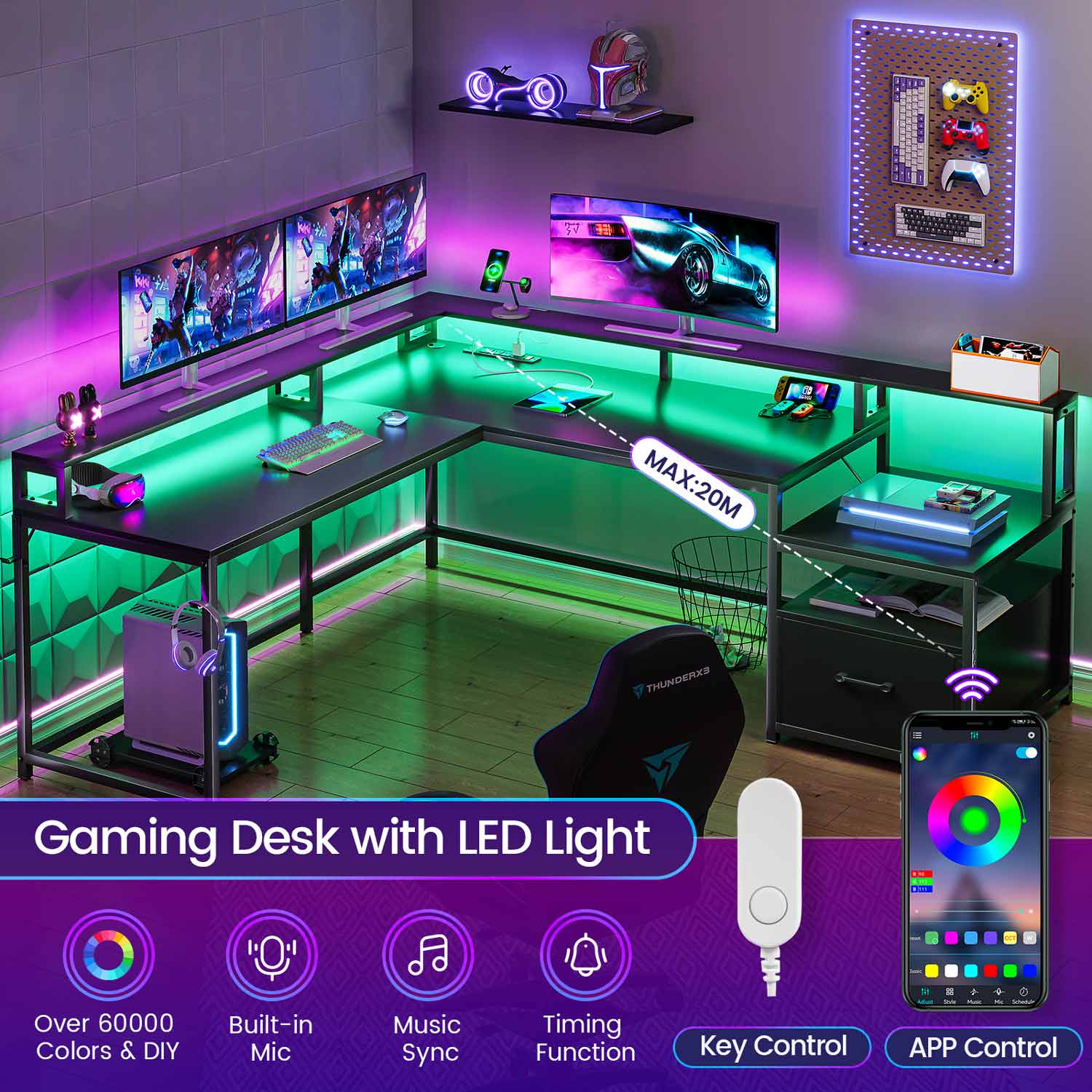 Sikaic Gaming Desk 66 Inches L Shaped Corner Two Person Gaming Desk with File Drawer Power Outlet Led Lights Monitor Shelf Black