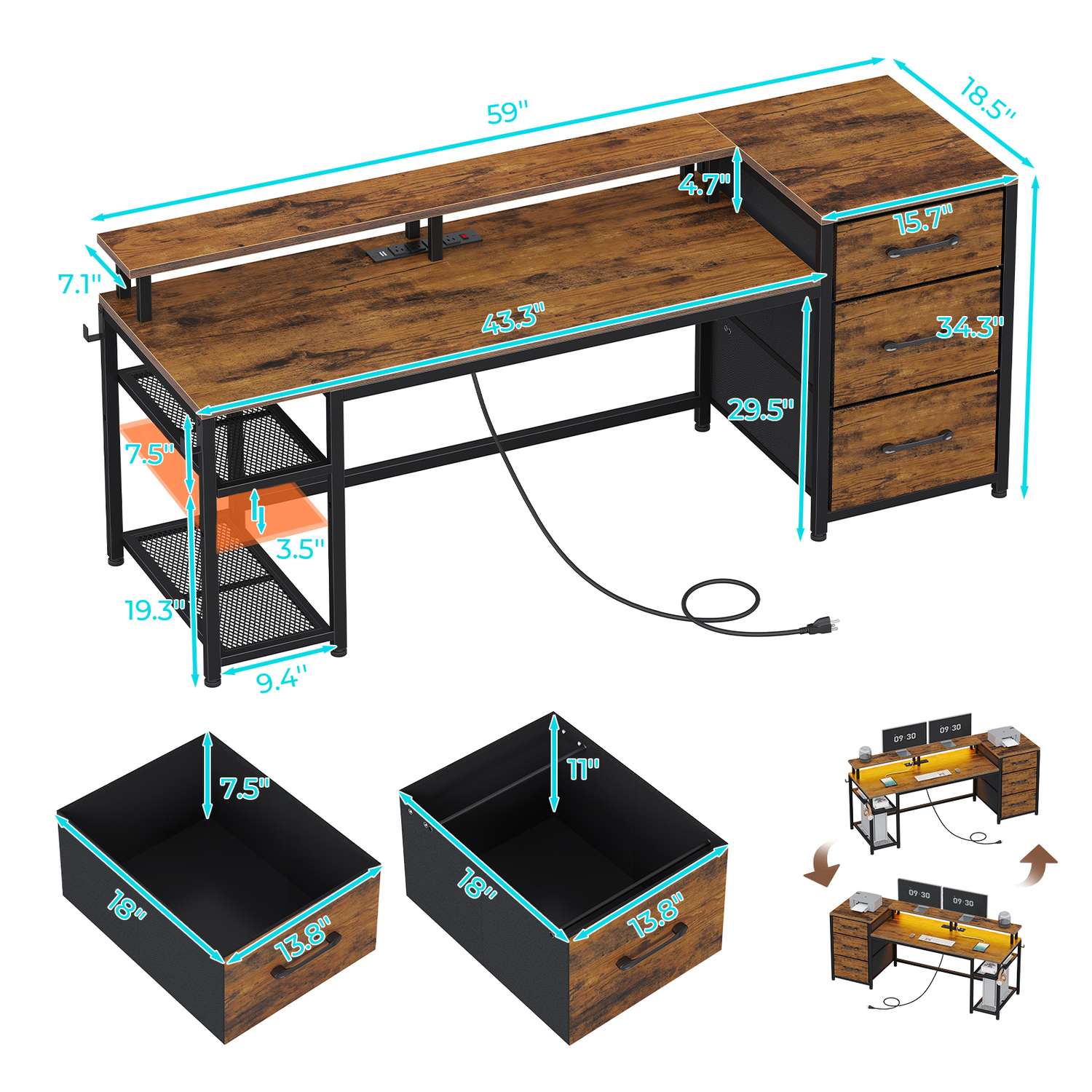 Sikaic Gaming Desk 59 Inches Reversible Gaming Desk with LED Lights & Power Outlet File Drawers and Storage Rustic Brown