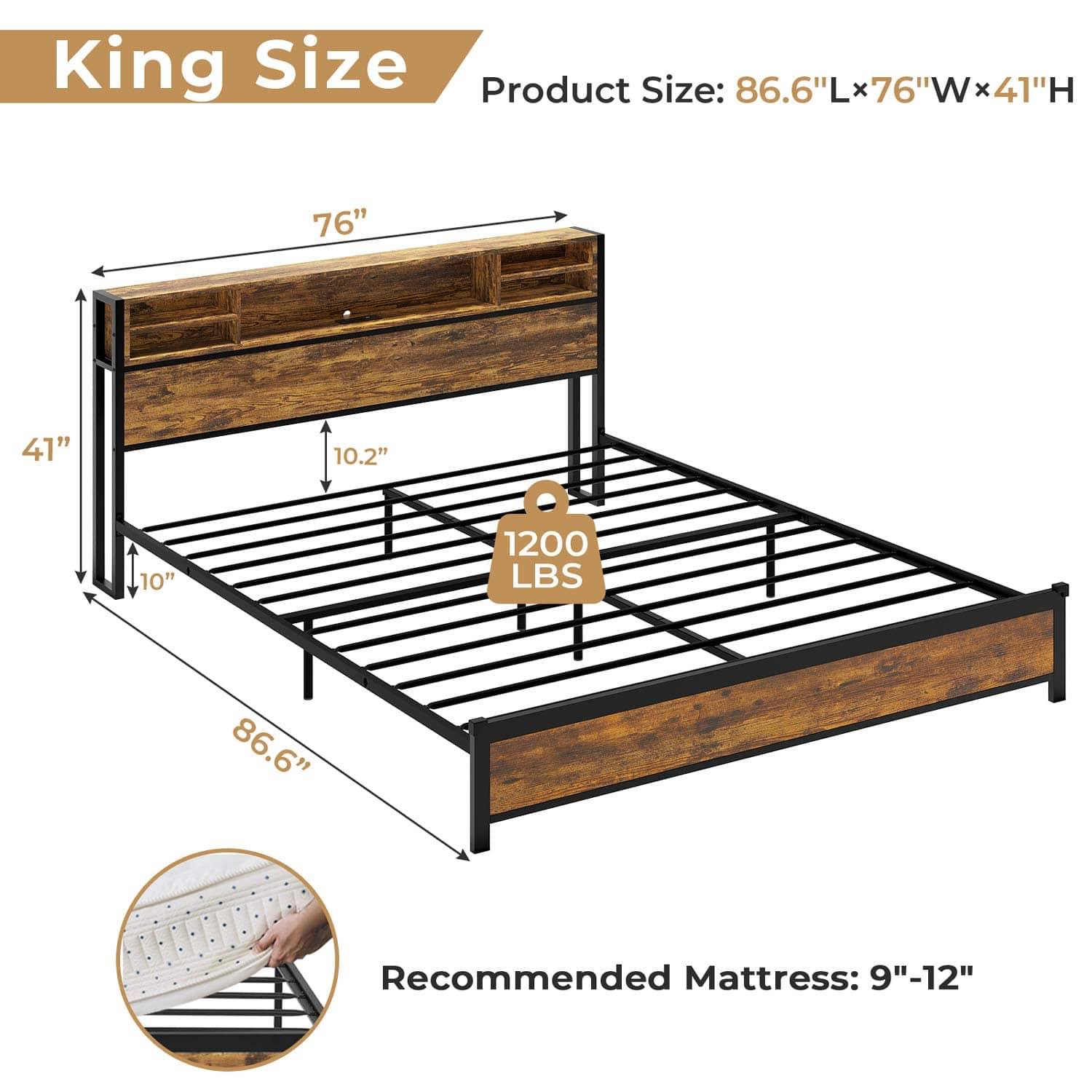 Sikaic Bed Frame Metal Platform LED Bed Frame with Outlets and USB Ports No Box Spring Needed Brown