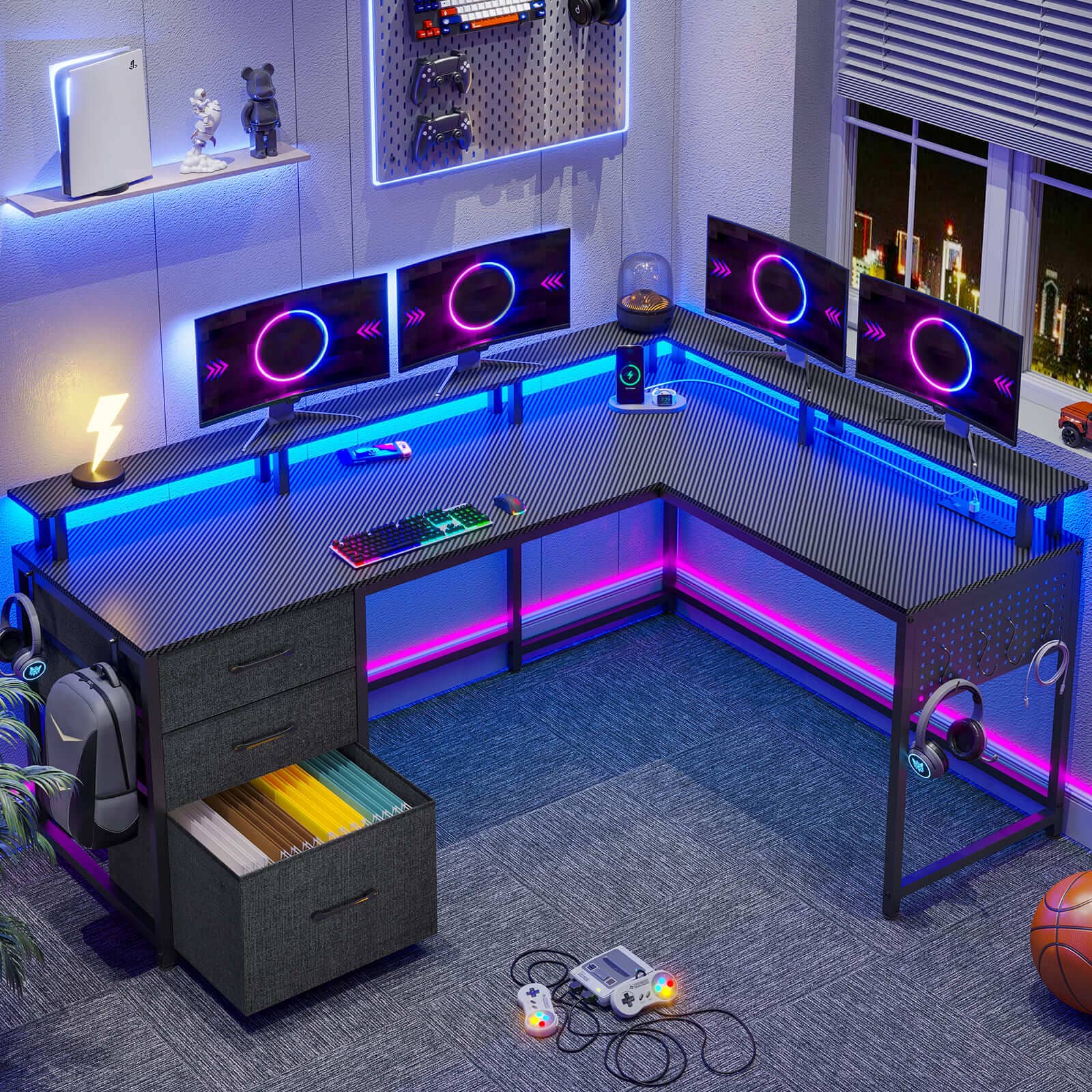 Sikaic 63.8" L Shaped Reversible Corner Carbon Fiber Gaming Desk with Power Outlet and Pegboard LED Light Drawers Black