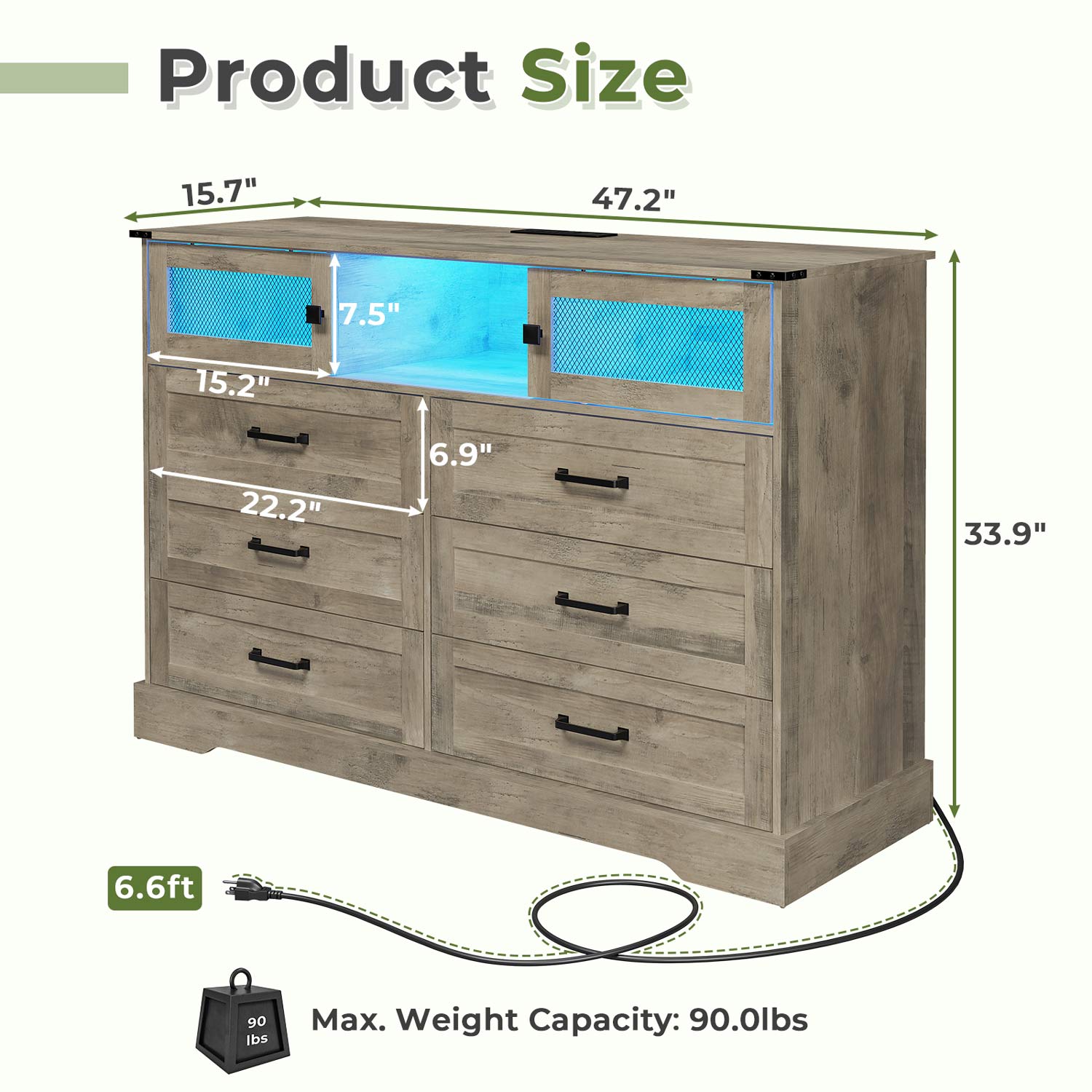 Sikaic Dressers 6 Drawers LED Dresser with Outlets Rustic Oak