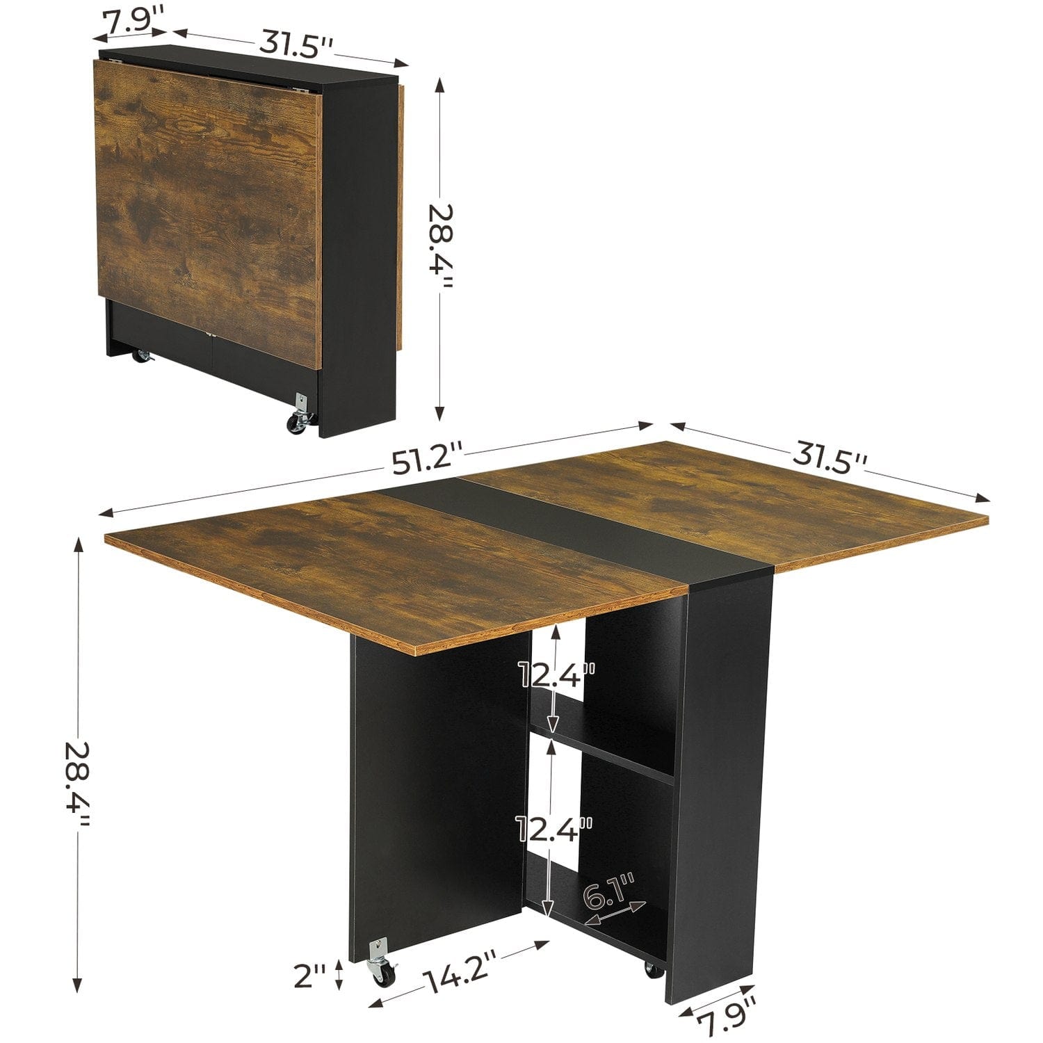 Sikaic Dining Table Folding Dining Table with 6 Wheels and 2-Layer Storage Shelf Rustic Brown and Black
