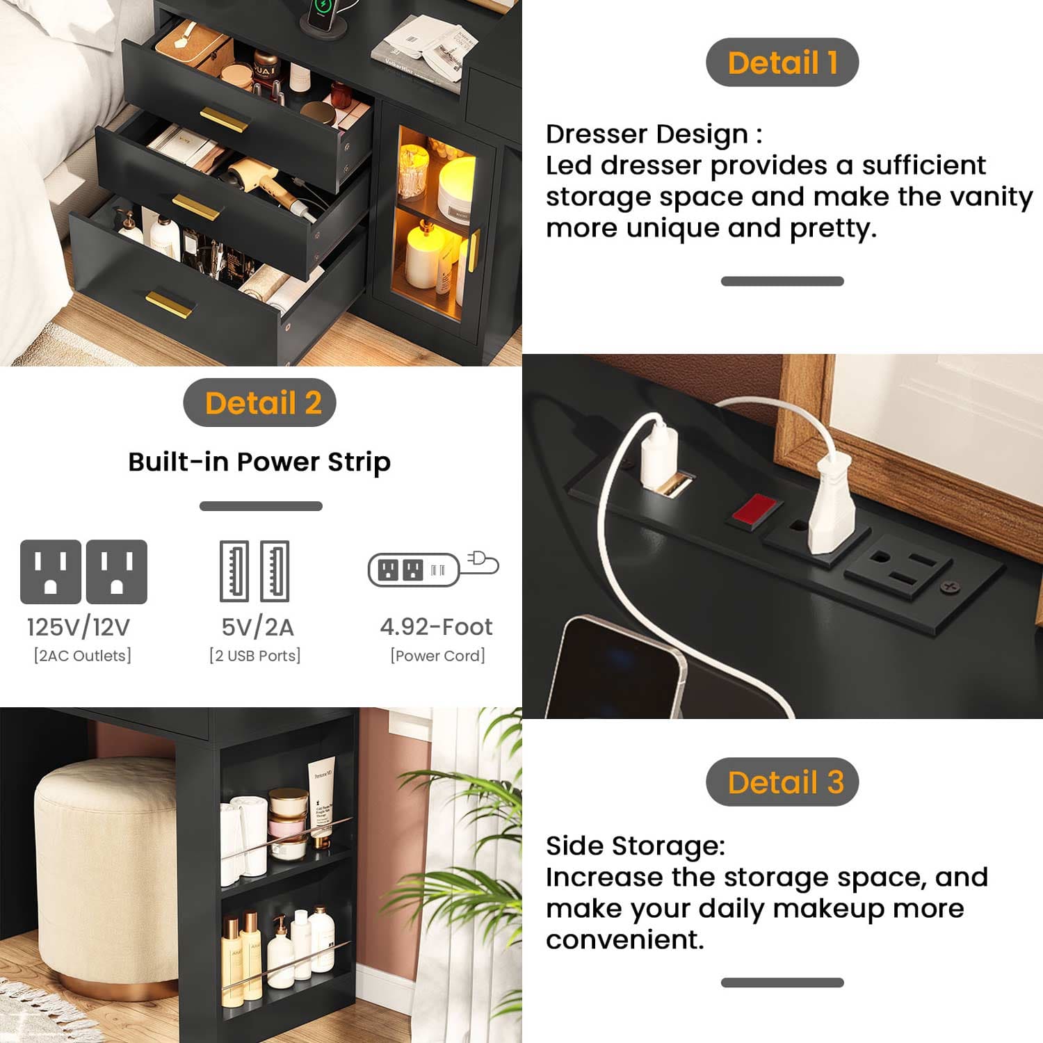 Sikaic Makeup Vanity LED Makeup Vanity Dresser with Mirror and Charging Station & 5 Drawers Cabinet Storage Black