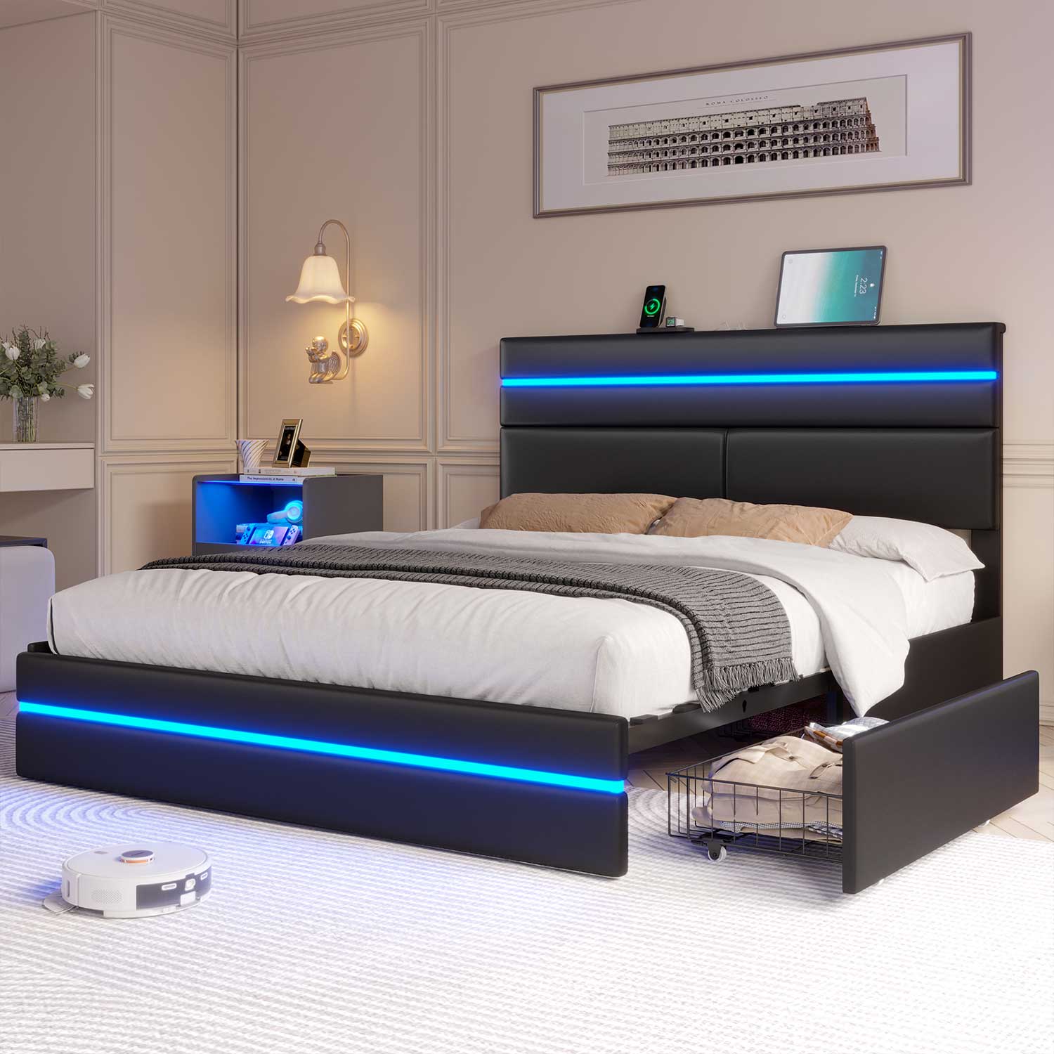 Sikaic Bed Frame Platform Metal Bed Frame with Charging Station and  LED Lights Headboard & 4 Drawers No Box Spring Needed Black