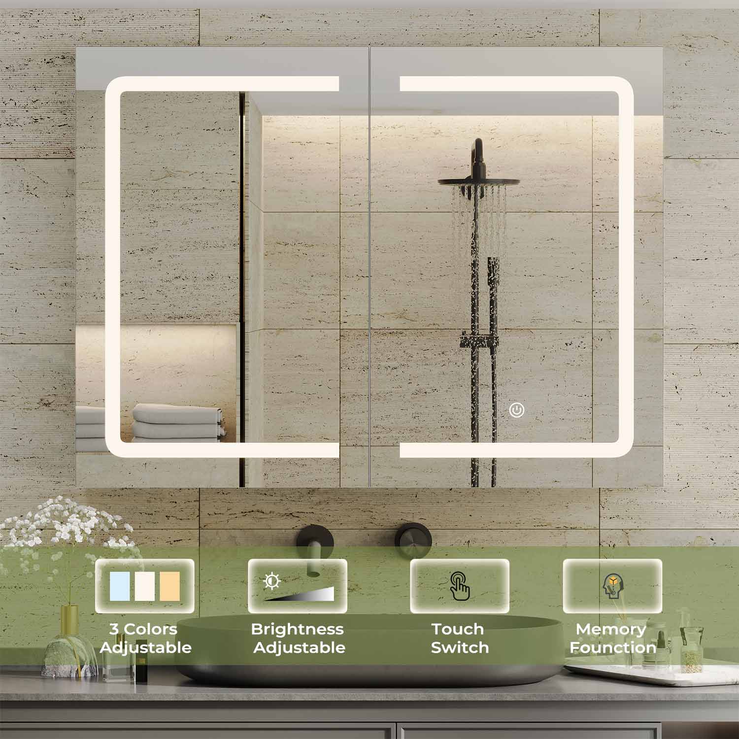 Sikaic Medicine Cabinet Lighted Double Doors Medicine Cabinet with Touch Switch Mirrors and Storage Adjustable Shelves White