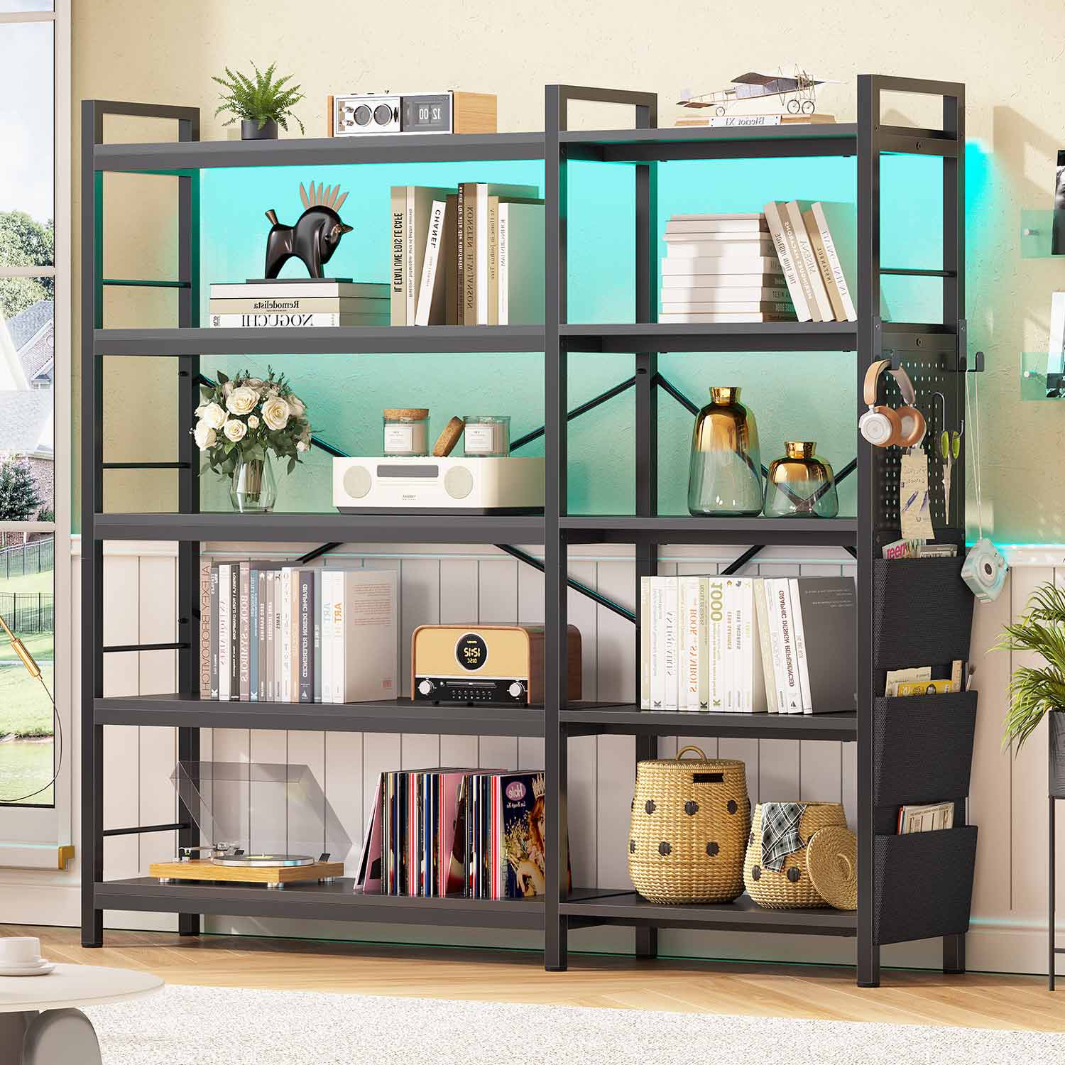 Sikaic Bookshelf 55 Inches Convertible Corner 5-Tier Tall Bookshelf with Pegboard Storage Bag & LED Light for Bedroom Black