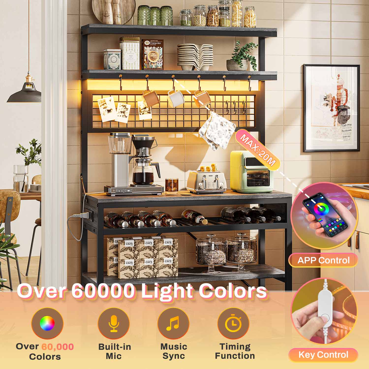 Sikaic Bakers Rack LED Bakers Rack with Power Outlet Storage Grey