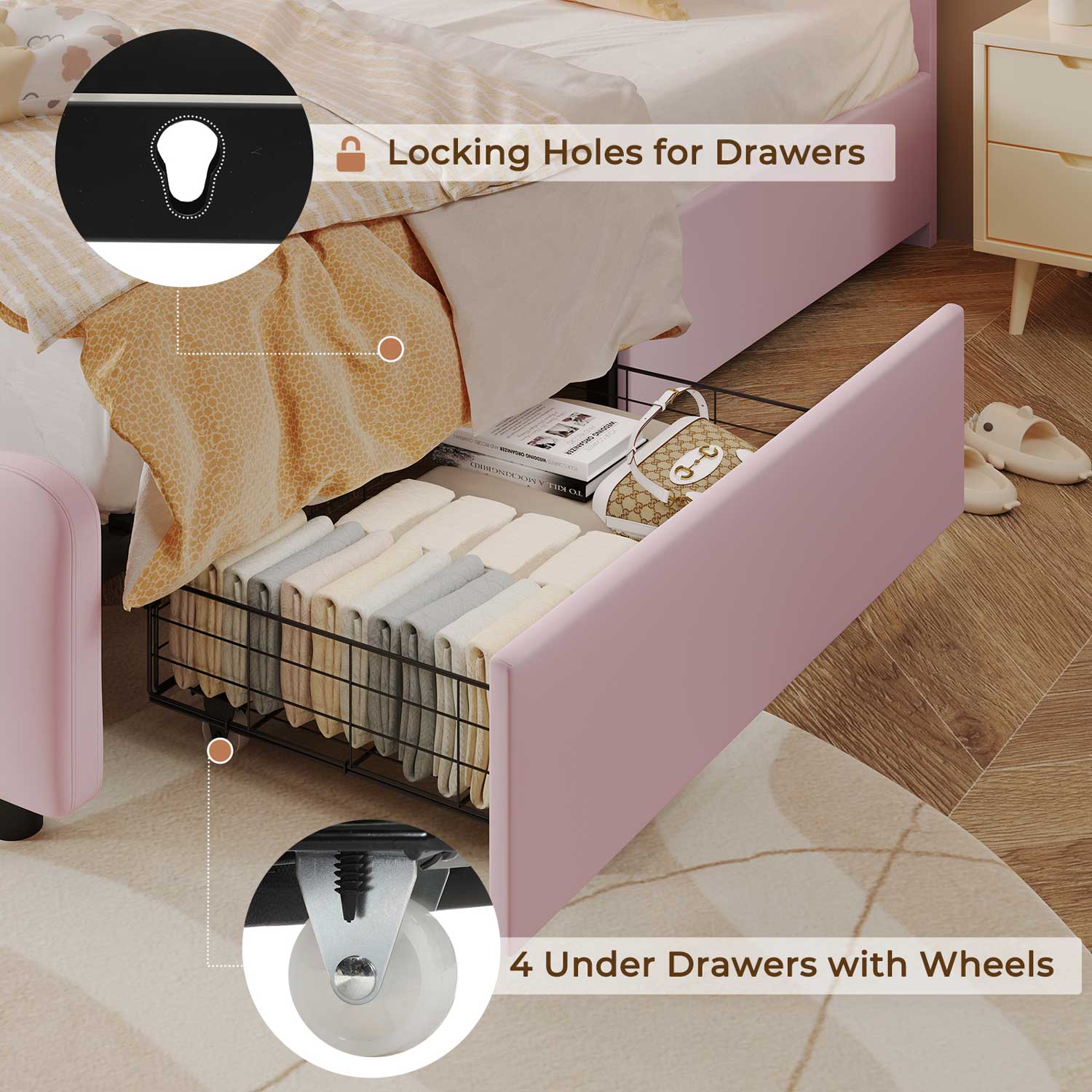 Sikaic Bed Frame Upholstered Platform Led Bed Frame with USB Ports Drawers Pink
