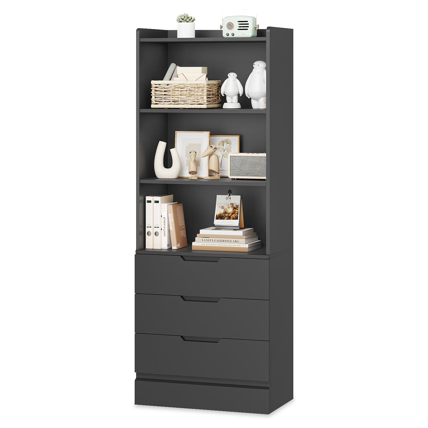 Sikaic Bookcase 73 Inches Versatile Tall Bookcase with 3 Drawers Black Black / Engineered Wood / Modern