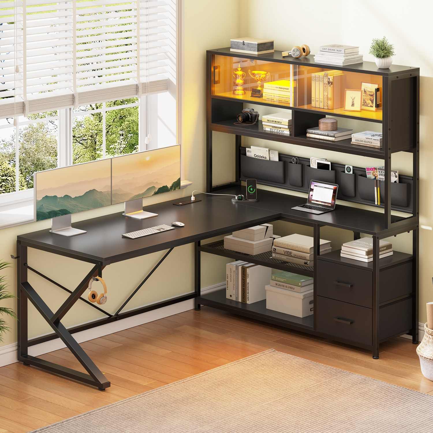Sikaic Gaming Desk LED L Shaped Gaming Desk Black Black / Engineered Wood / Modern