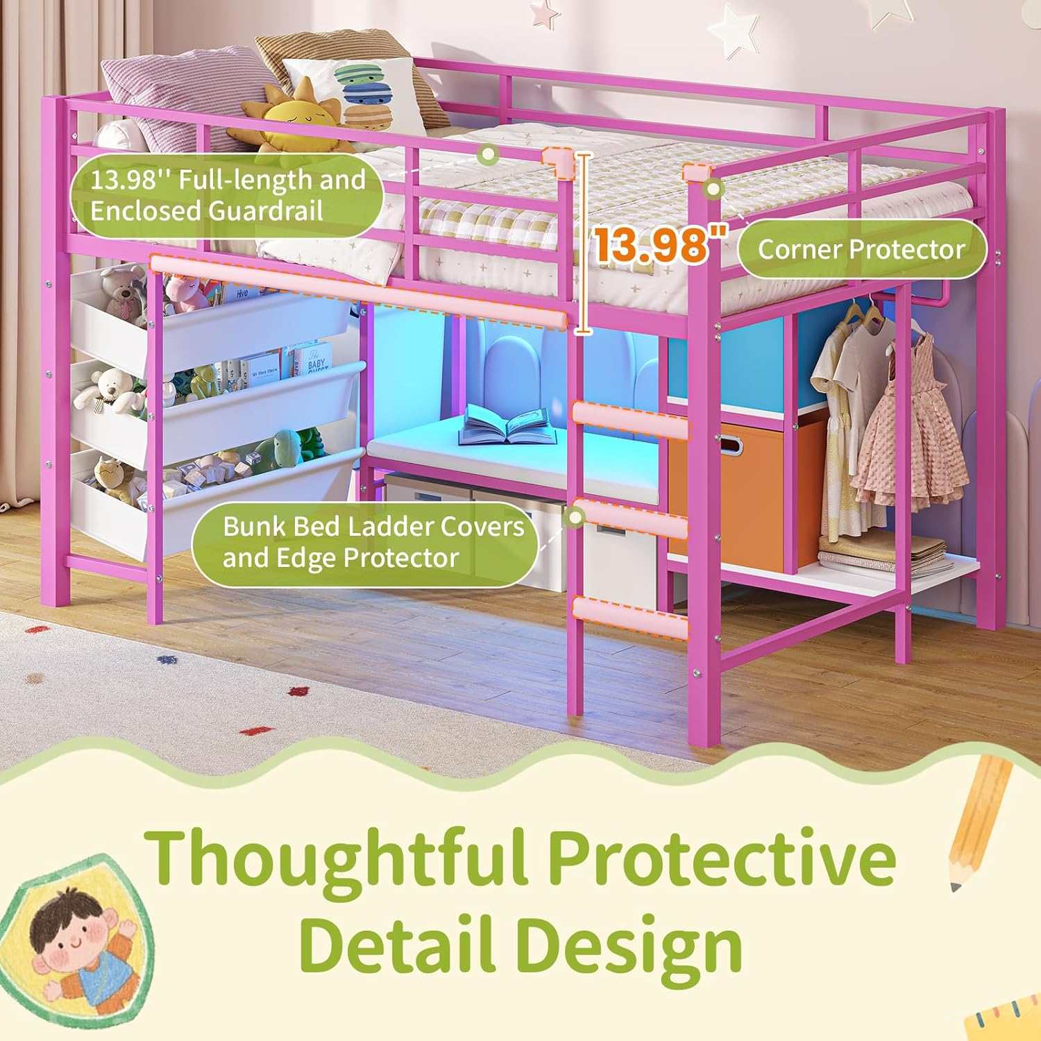Sikaic Loft Bed Frame Low Loft Bed Twin Size with Reading Corner and Storage Basket Pink Pink / Metal / Modern