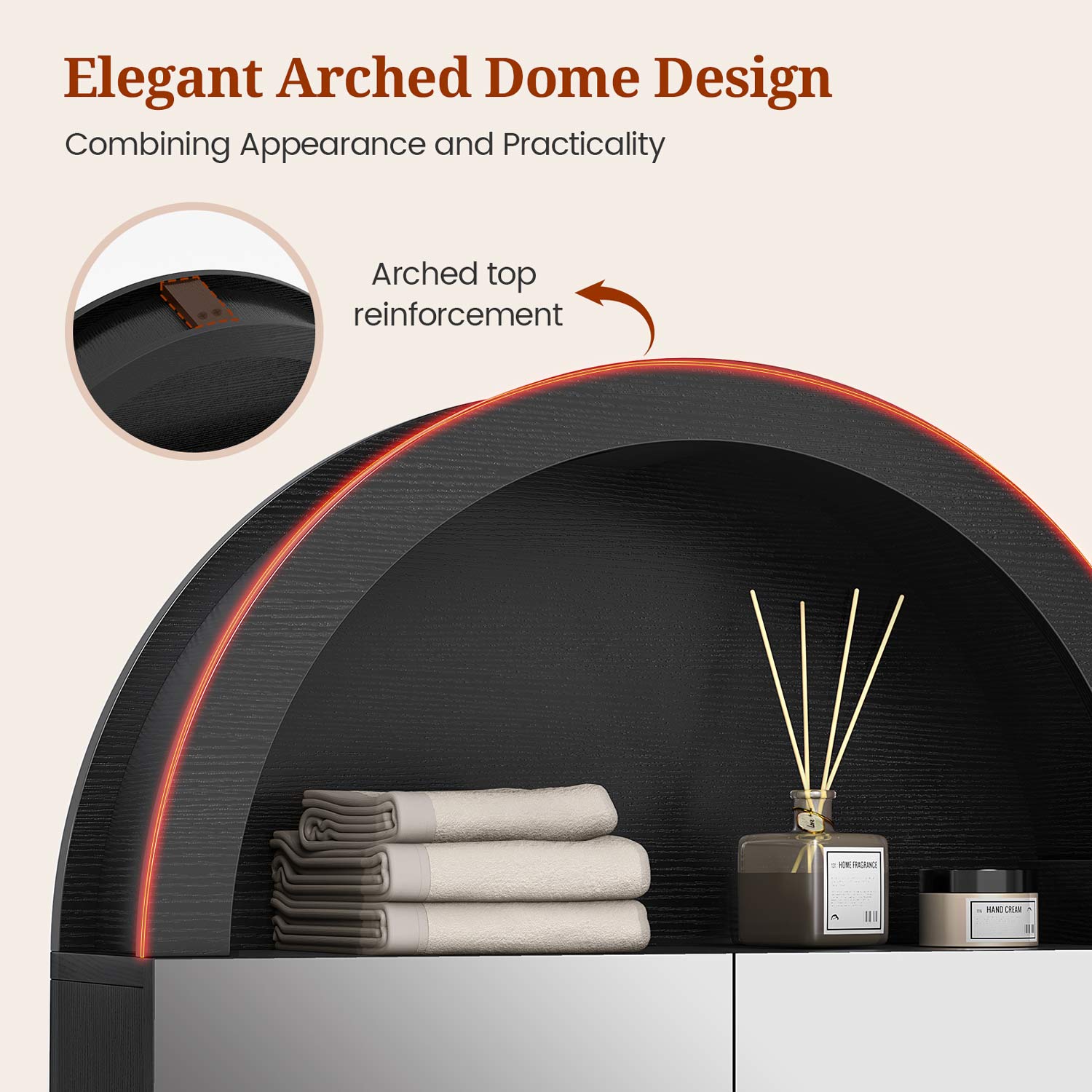 Sikaic Medicine Cabinet Arched Bathroom Wall Cabinet with High Gloss Mirror Black Black / Engineered Wood / Modern
