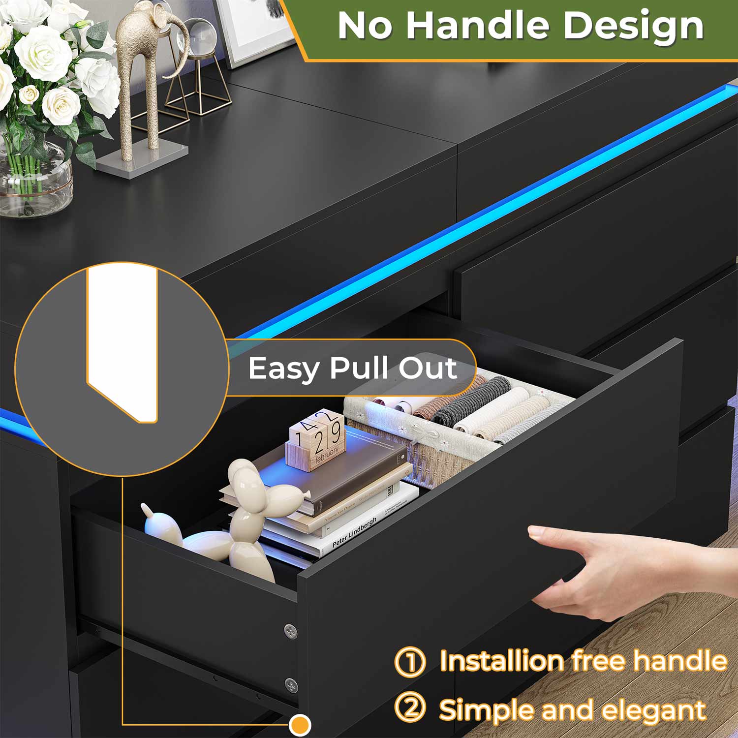 Sikaic Dresser LED Lights Black Dresser for Bedroom with Charging Station and Sliding Desktop Drawers Large Storage Tower Clothes Organizer